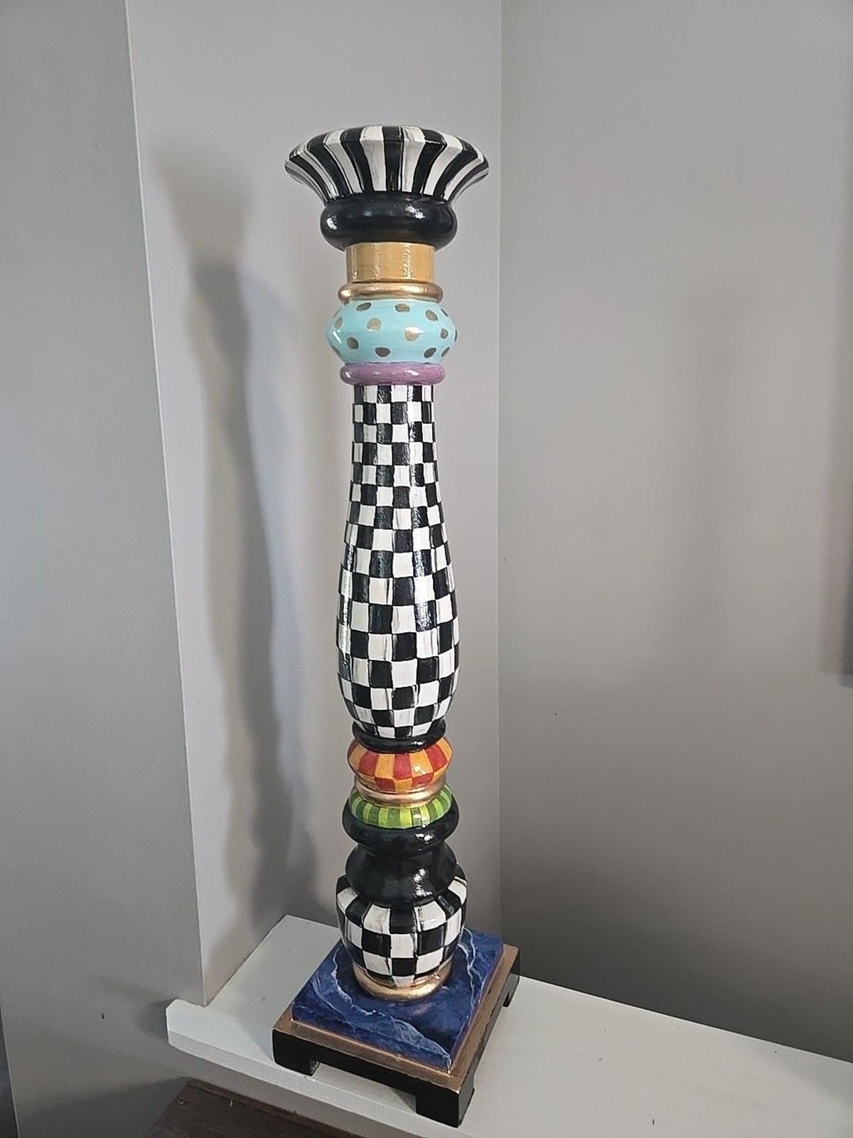 My Own 30" Tall Handpainted Whimsical Checkerboard Floor Pillar Candle Holder