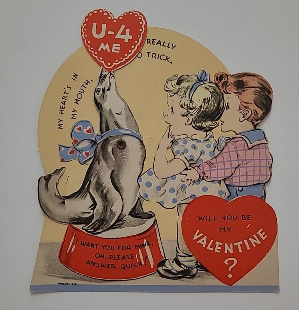 1940s Vtg UNUSED MECHANICAL VALENTINE Circus SEAL Balances HEART Old Stock CARD