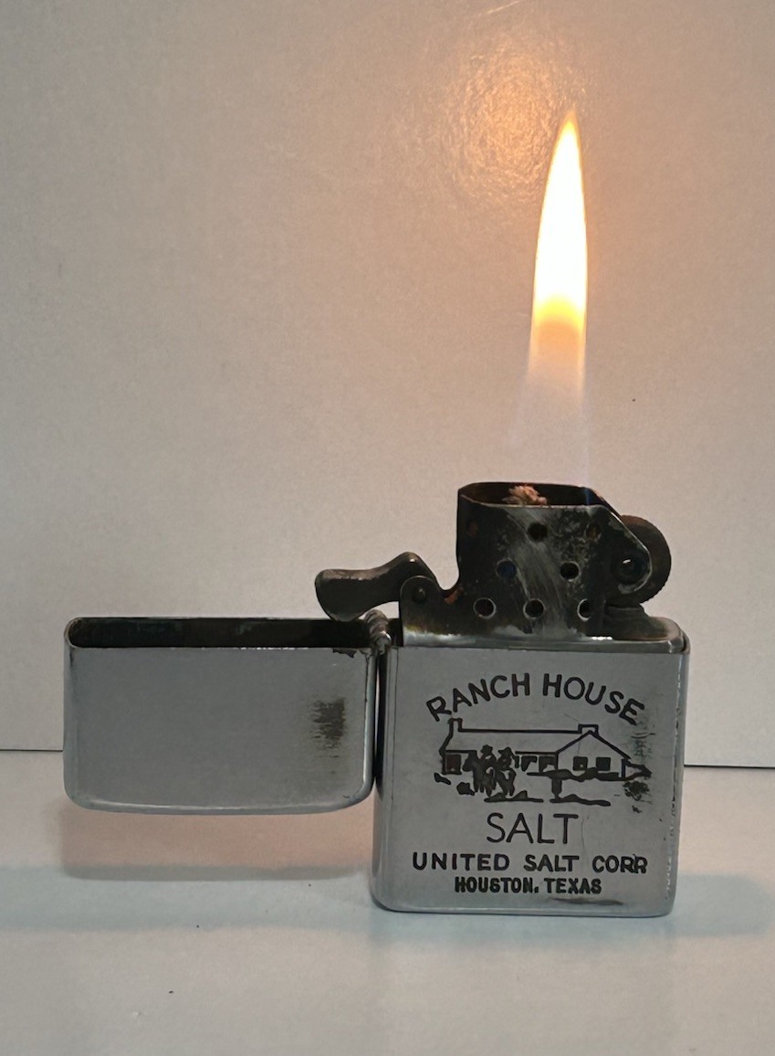 Vtg Zippo c.1937-1950 5 Barrel Lighter PAT.2032695 Ranch House United Salt Corp Vtg Zippo c.1937-1950 5 Barrel Lighter PAT.2032695 Ranch House United Salt Corp