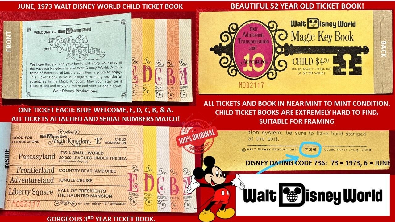 1973 Walt Disney World CHILD A B C D E TICKET Book ALL 5 TICKETS ATTACHED NM C9