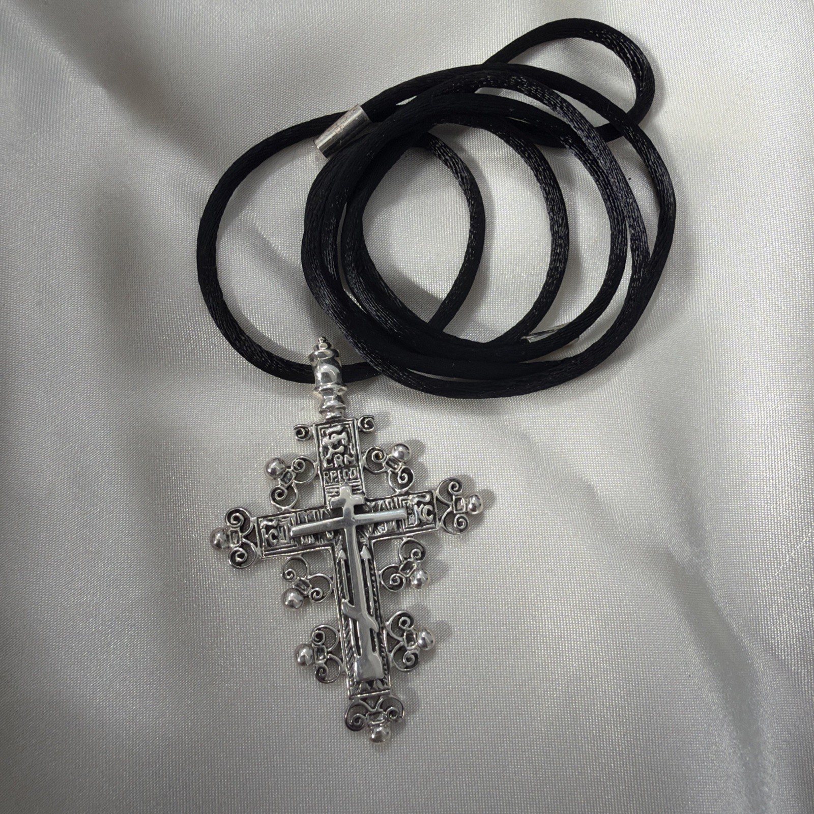 VTG / ANTIQUE SOLID SILVER X-LARGE 2 1/2" 14.7g RUSSIAN BAROQUE ORTHODOX CROSS