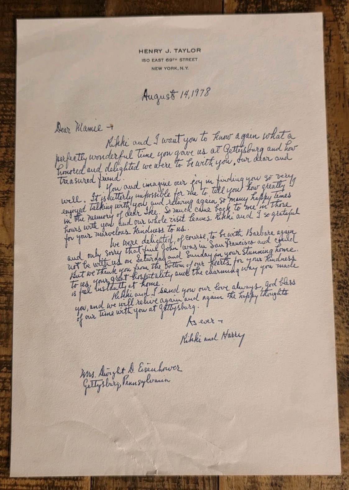 1978 ALS Henry J Taylor Wife Rikki Signed Letter to Mamie Eisenhower Gettysburg 1978 ALS Henry J Taylor Wife Rikki Signed Letter to Mamie Eisenhower Gettysburg