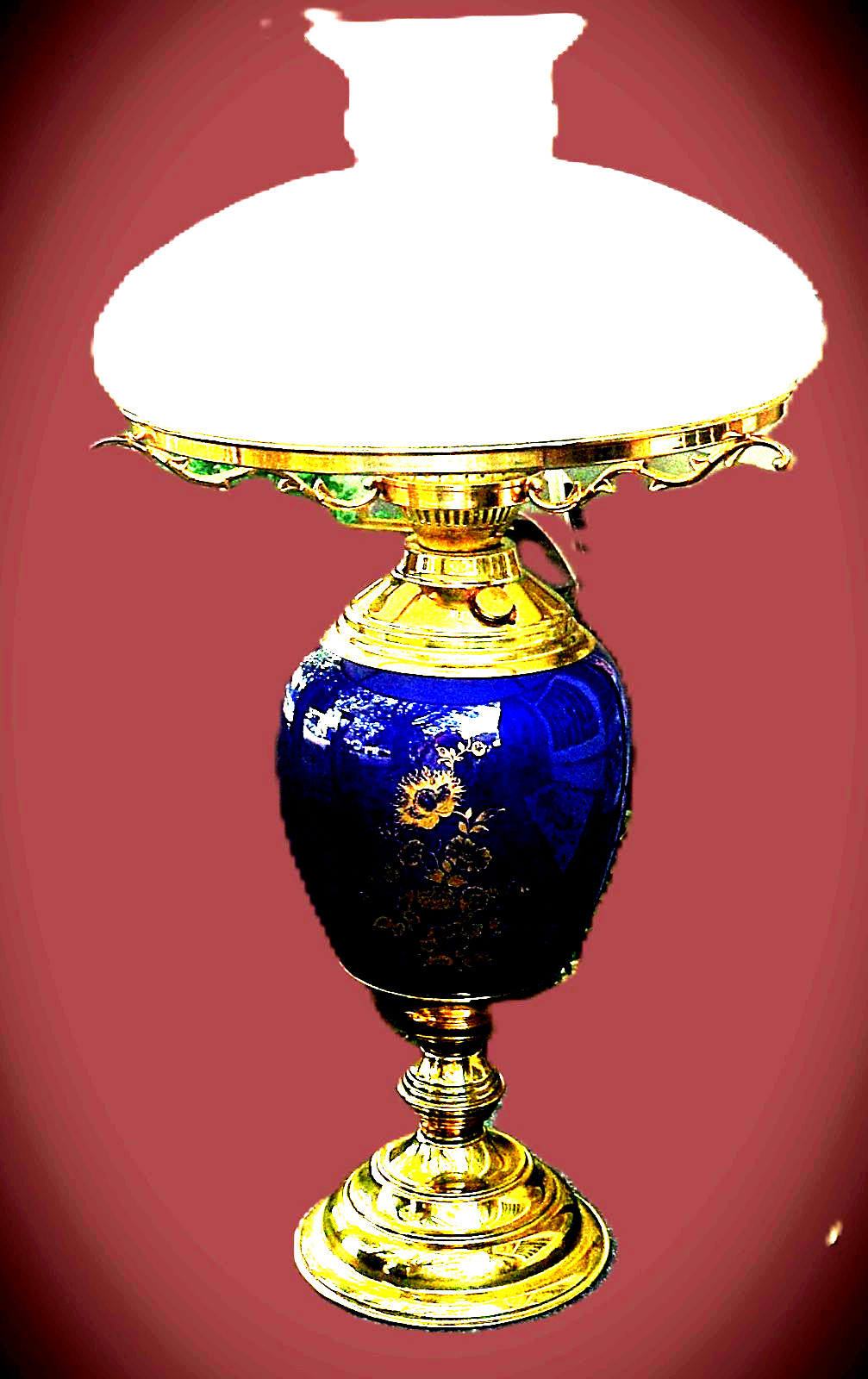 Vintage Cobalt Blue Oil Kerosene Glass Parlor Lamp Milk Glass Shade 27" Tall Vintage Cobalt Blue Oil Kerosene Glass Parlor Lamp Milk Glass Shade 27" Tall