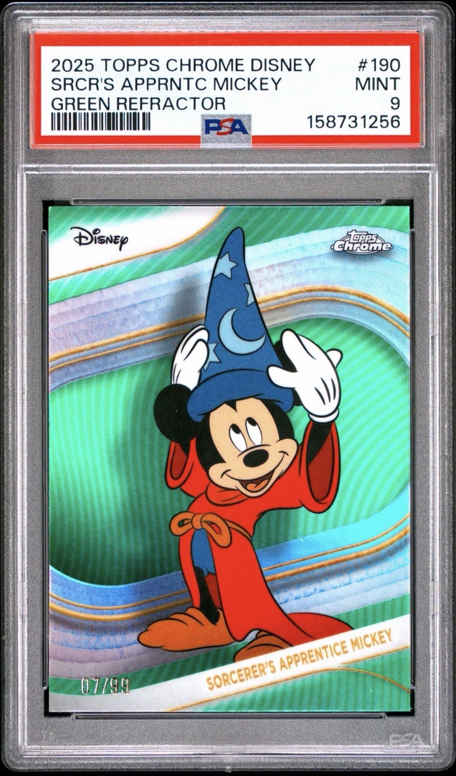 2025 TOPPS CHROME DISNEY GREEN REFRACTOR SORCERER'S APPRENTICE MICKEY 7/99 PSA 9 2025 TOPPS CHROME DISNEY GREEN REFRACTOR SORCERER'S APPRENTICE MICKEY 7/99 PSA 9