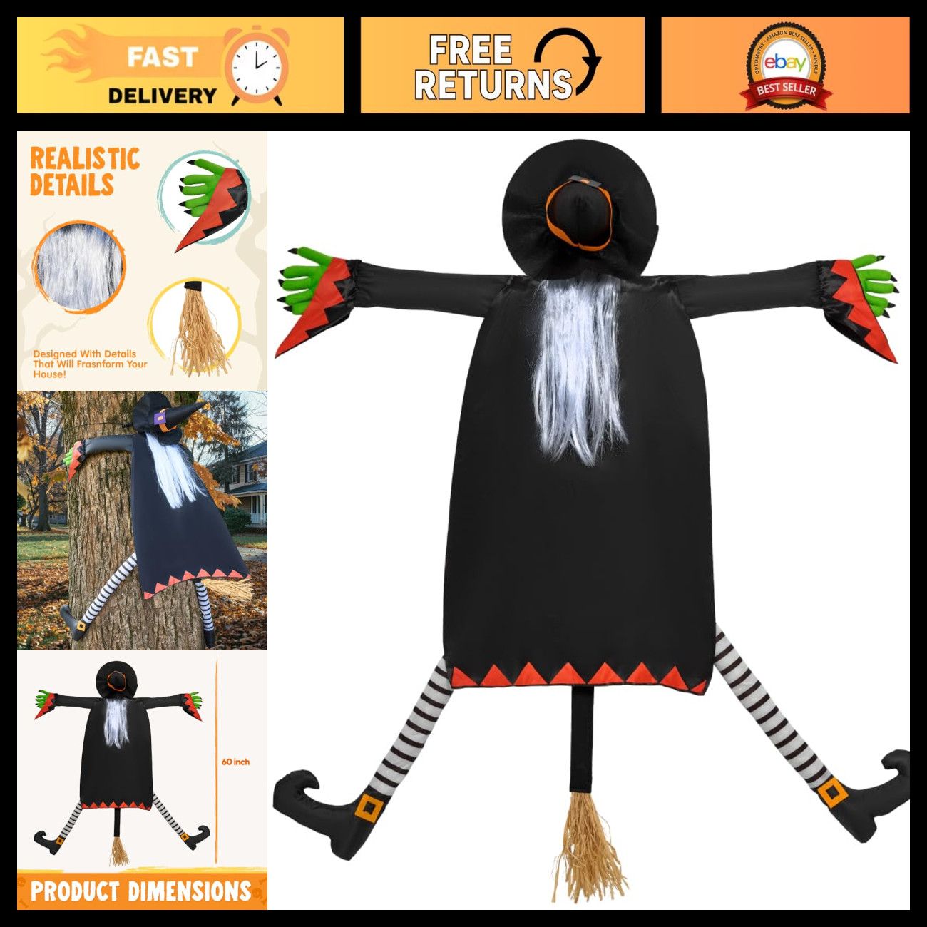 JOYIN 60'' Crashing Witch Decorations Outdoor With White Hair, Large Halloween W JOYIN 60'' Crashing Witch Decorations Outdoor With White Hair, Large Halloween W