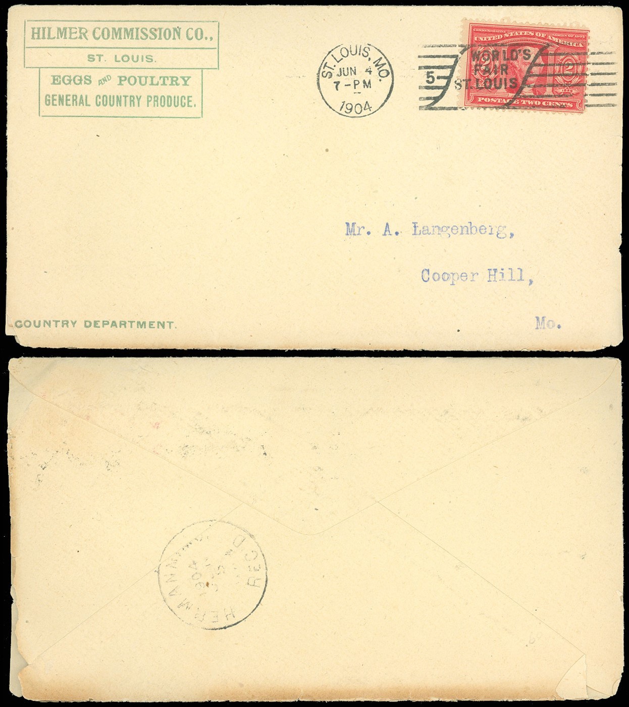 1904 AGRICULTURAL ADVERTISING COVER, ST. LOUIS WORLD'S FAIR CANCEL SC #324 1904 AGRICULTURAL ADVERTISING COVER, ST. LOUIS WORLD'S FAIR CANCEL SC #324
