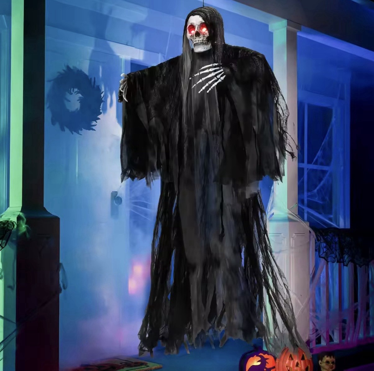 59” Animated Hanging Grim Reaper Halloween Prop Sound Activated Red LED Eyes 59” Animated Hanging Grim Reaper Halloween Prop Sound Activated Red LED Eyes