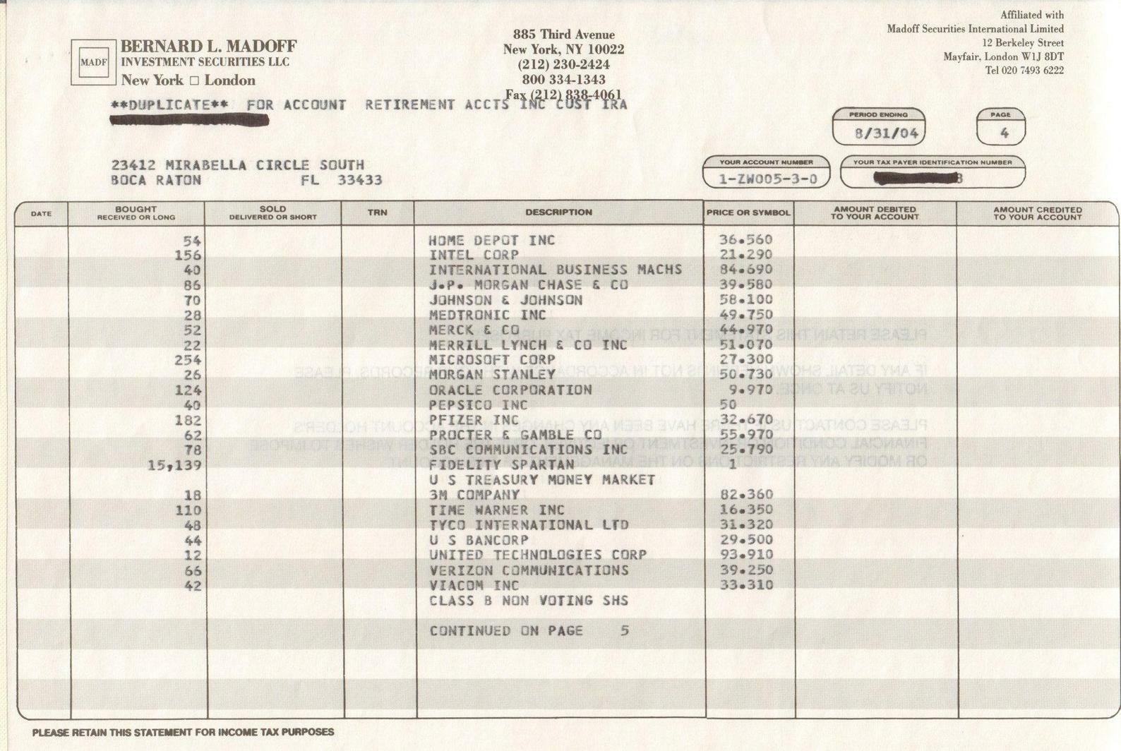 Bernard L Madoff Investment Securities LLC stock trading record and trade slip Bernard L Madoff Investment Securities LLC stock trading record and trade slip