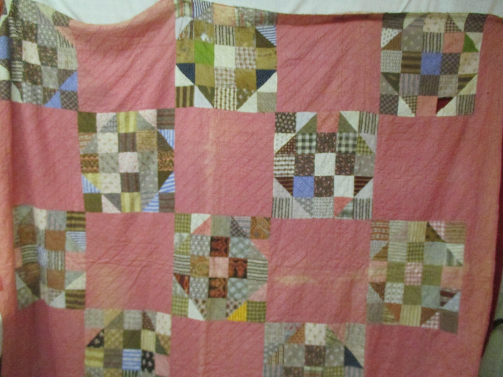 Atq 1880's Quilt Top Hole Barn Door Cinnamon pink Indigos Browns Lancaster Blues Atq 1880's Quilt Top Hole Barn Door Cinnamon pink Indigos Browns Lancaster Blues