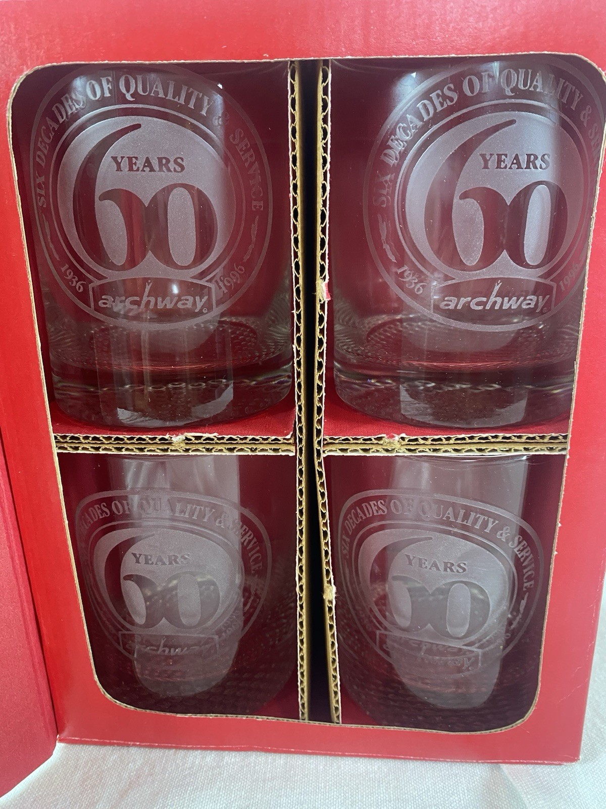 Set Of 4 Vintage Archway Cookies Glasses 60th Anniversary with Box NIB