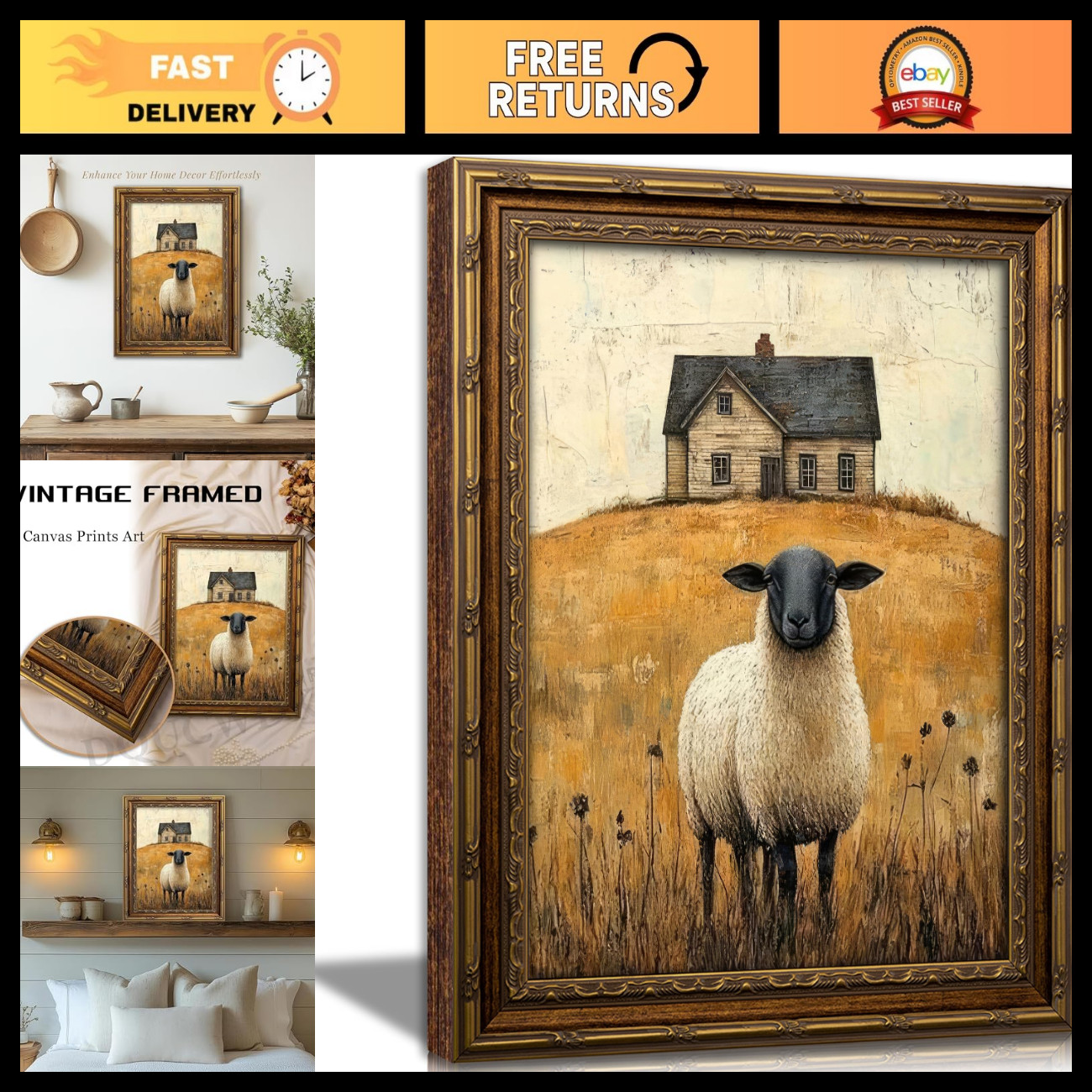 Vintage Gold Framed Sheep Oil Painting Canvas Art - Rustic Farmhouse Decor 16x24 Vintage Gold Framed Sheep Oil Painting Canvas Art - Rustic Farmhouse Decor 16x24
