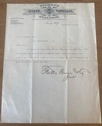 1881 Letterhead North Bennington VT . Fuller Warren & Co. Clinton Stover Works 1881 Letterhead North Bennington VT . Fuller Warren & Co. Clinton Stover Works