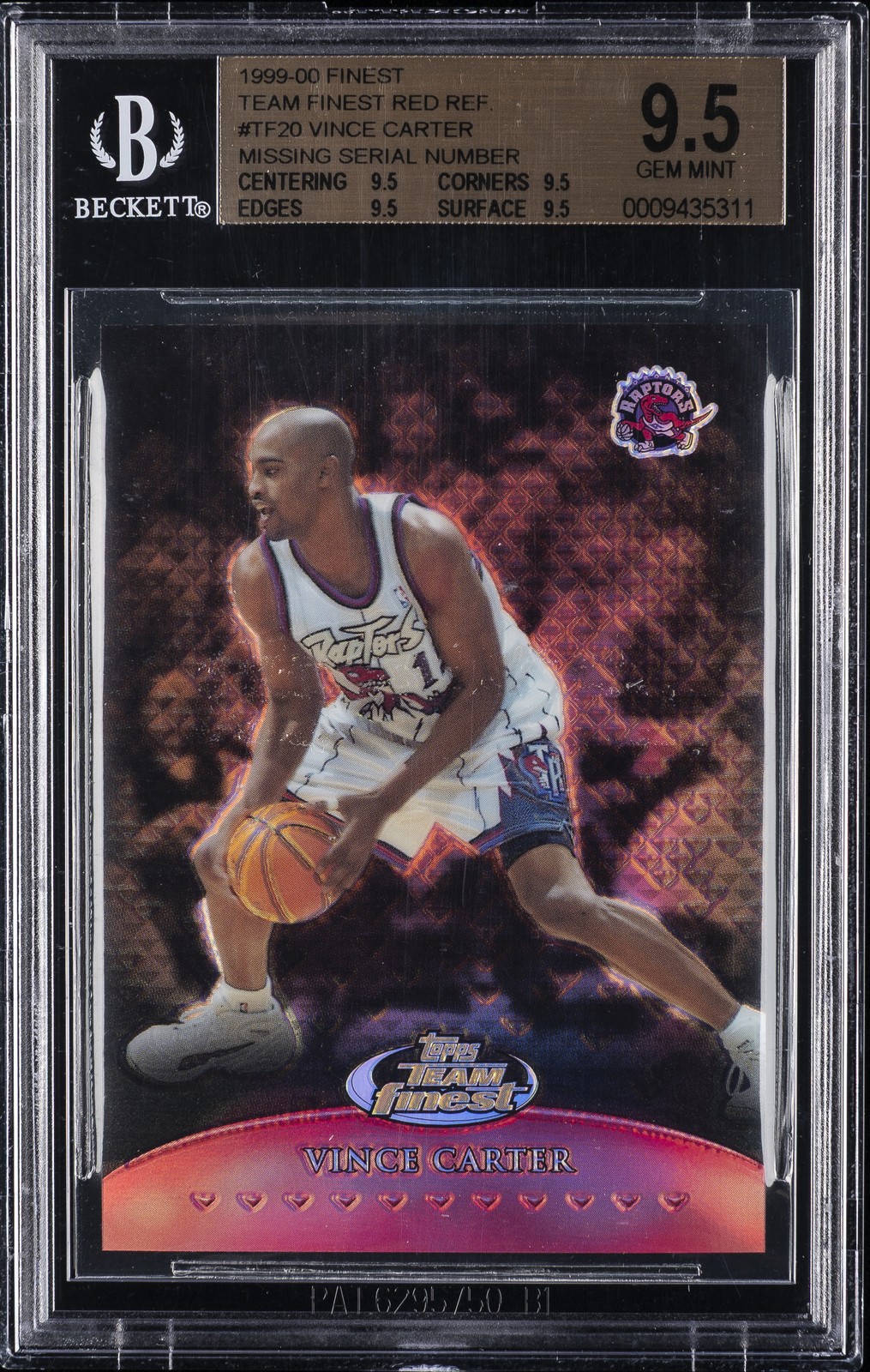 1999-00 FINEST TEAM FINEST RED REF. MISSING SERIAL NUM VINCE CARTER BGS 9.5 1999-00 FINEST TEAM FINEST RED REF. MISSING SERIAL NUM VINCE CARTER BGS 9.5