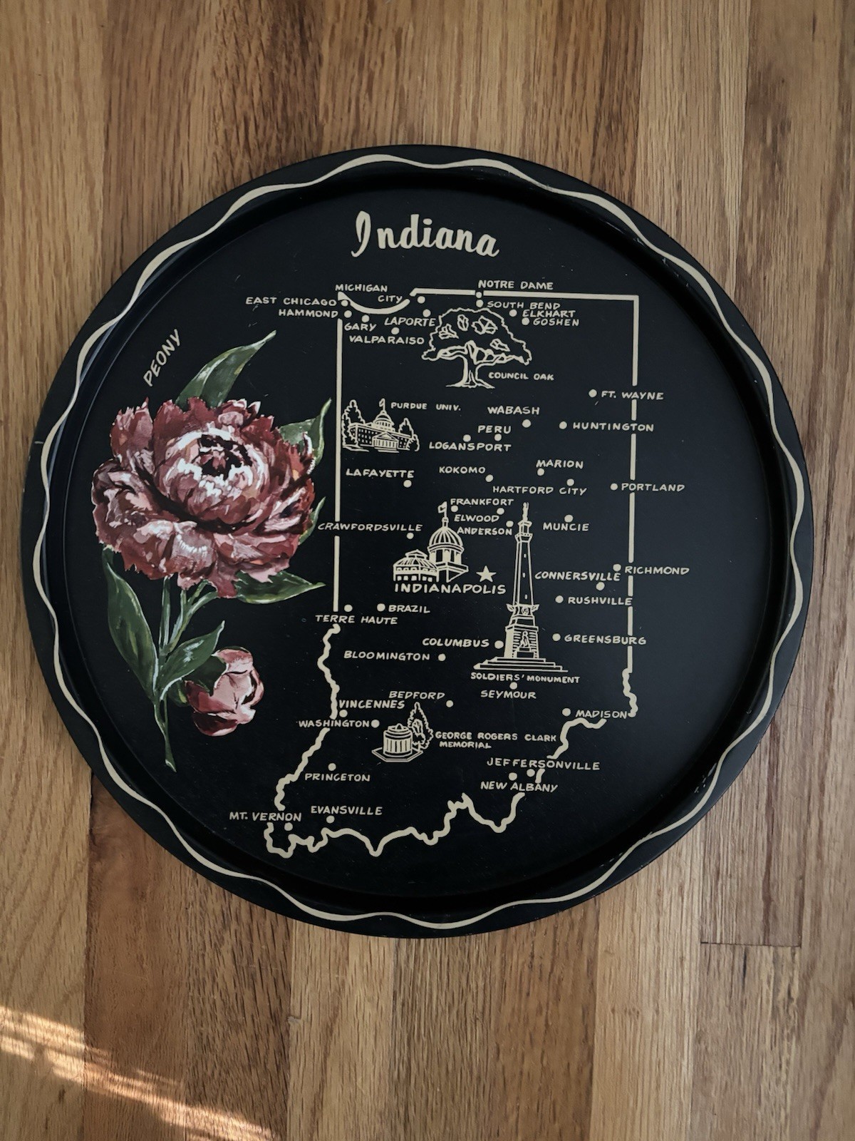 Vintage Indiana State Souvenir Metal Tray - Map Landmarks Peony 11" Vintage Indiana State Souvenir Metal Tray - Map Landmarks Peony 11"