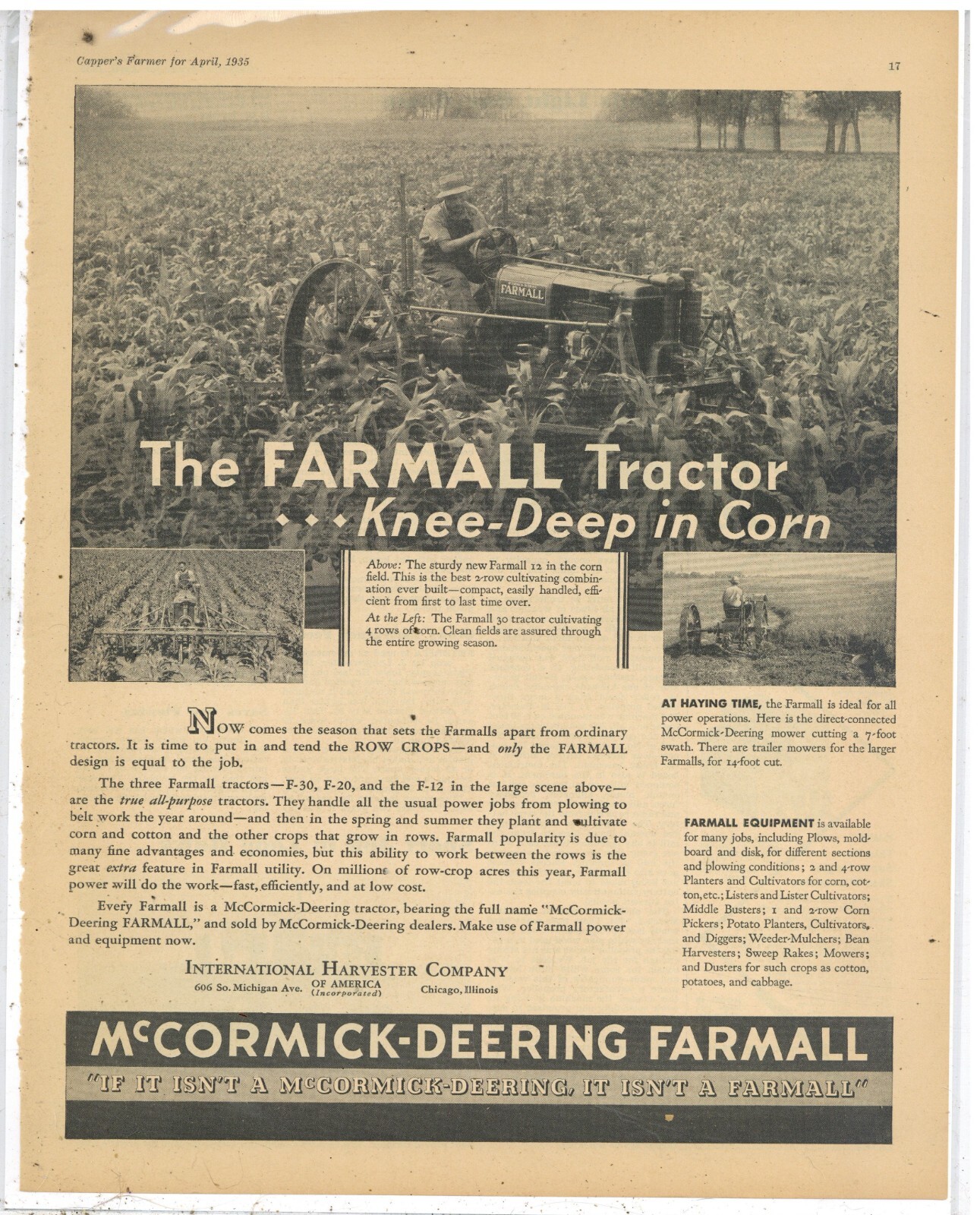 1935 International Harvester IH Ad: Farmall 12 & 30 Tractors, MCD Mower 1935 International Harvester IH Ad: Farmall 12 & 30 Tractors, MCD Mower