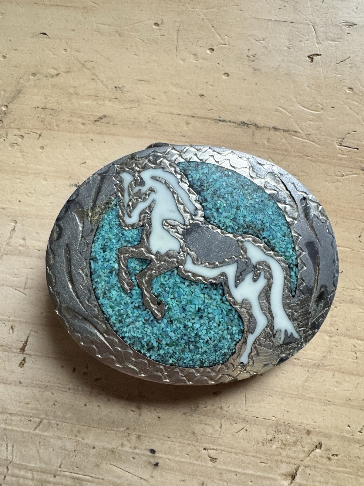 Vintage 1979 Little White Dove Horse Belt Buckle Turquoise Inlay Western Cowboy Vintage 1979 Little White Dove Horse Belt Buckle Turquoise Inlay Western Cowboy