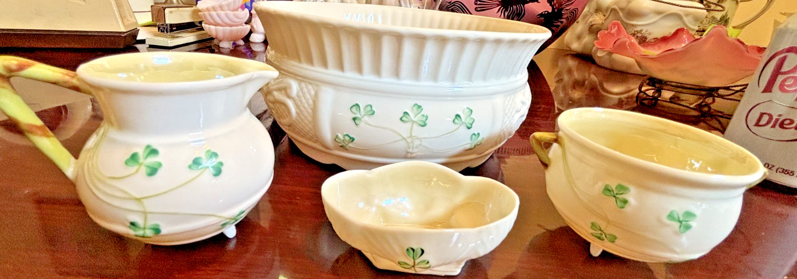 Vintage Belleek Shamrock Ireland Porcelain 4 Pc. Bowl Sugar Creamer Salt Cellar Vintage Belleek Shamrock Ireland Porcelain 4 Pc. Bowl Sugar Creamer Salt Cellar