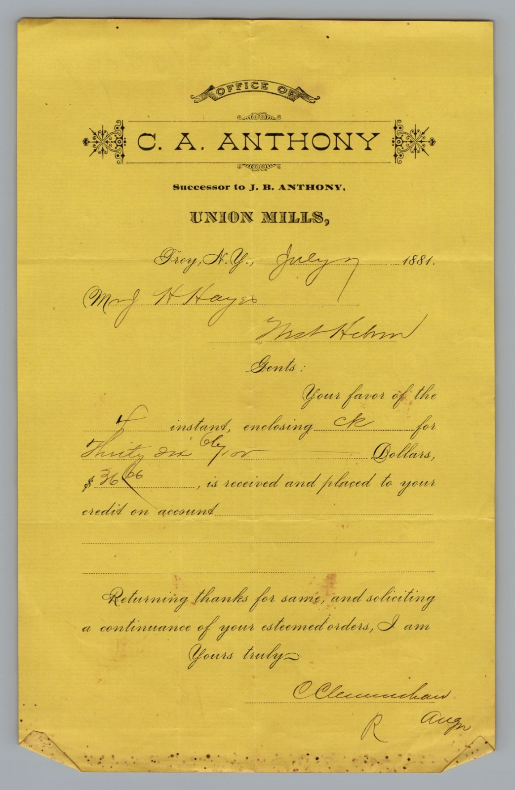 1881 C A Anthony Union Mills Troy NY Yellow Letterhead Receipt Clenminshaw Sign