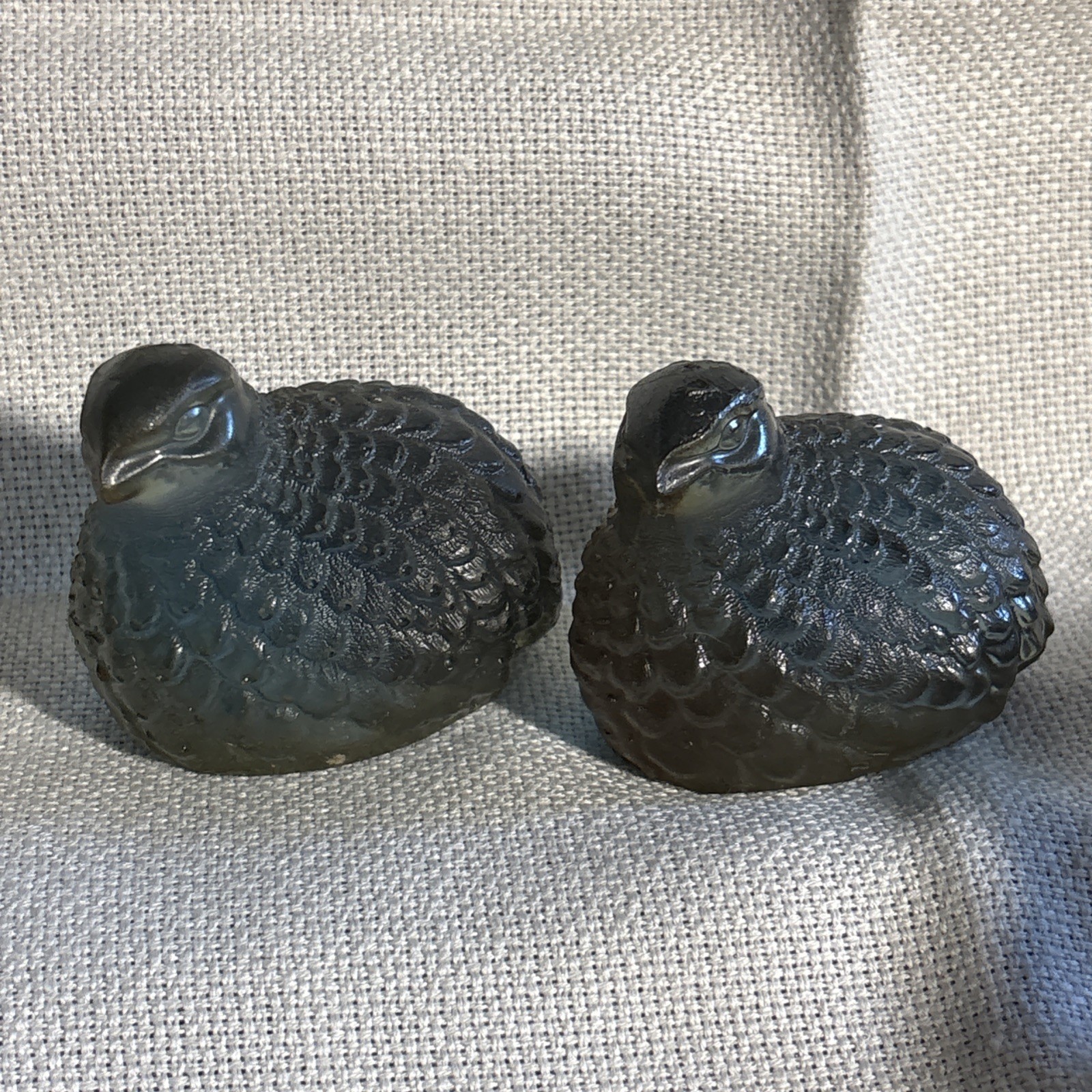 Vtg 1960’s MCM Lucite Resin Quail Figurine Pair Opalescent Iridescent Teal Blue Vtg 1960’s MCM Lucite Resin Quail Figurine Pair Opalescent Iridescent Teal Blue