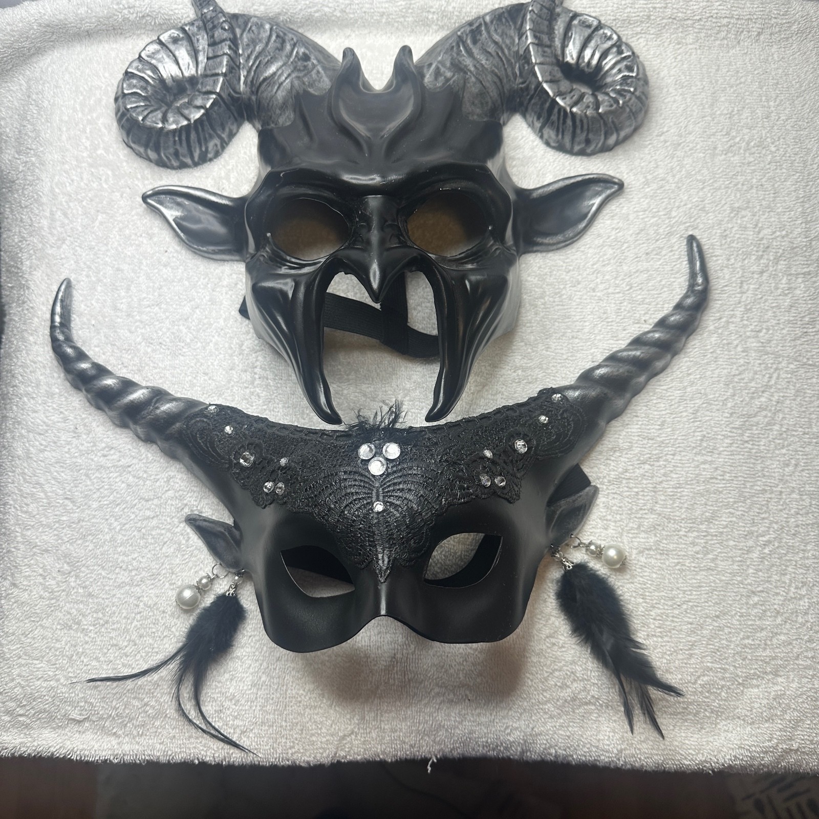 Couples Masquerade Halloween Set of Two Horned Devil Masks Black & Silver Finish