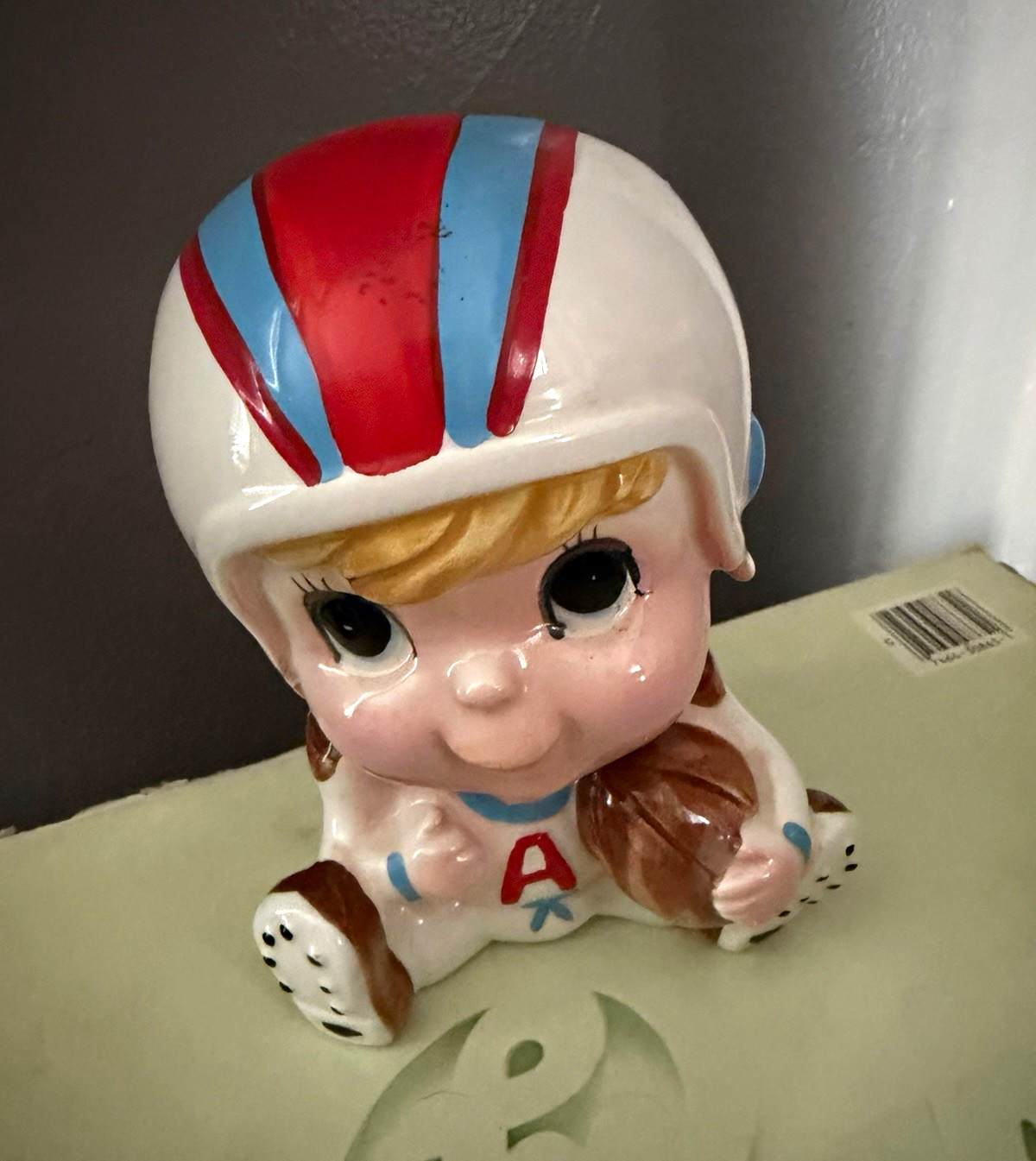 Ceramic Football Player Boy Still Bank White Helmet Red/Blue Stripes A Ceramic Football Player Boy Still Bank White Helmet Red/Blue Stripes A