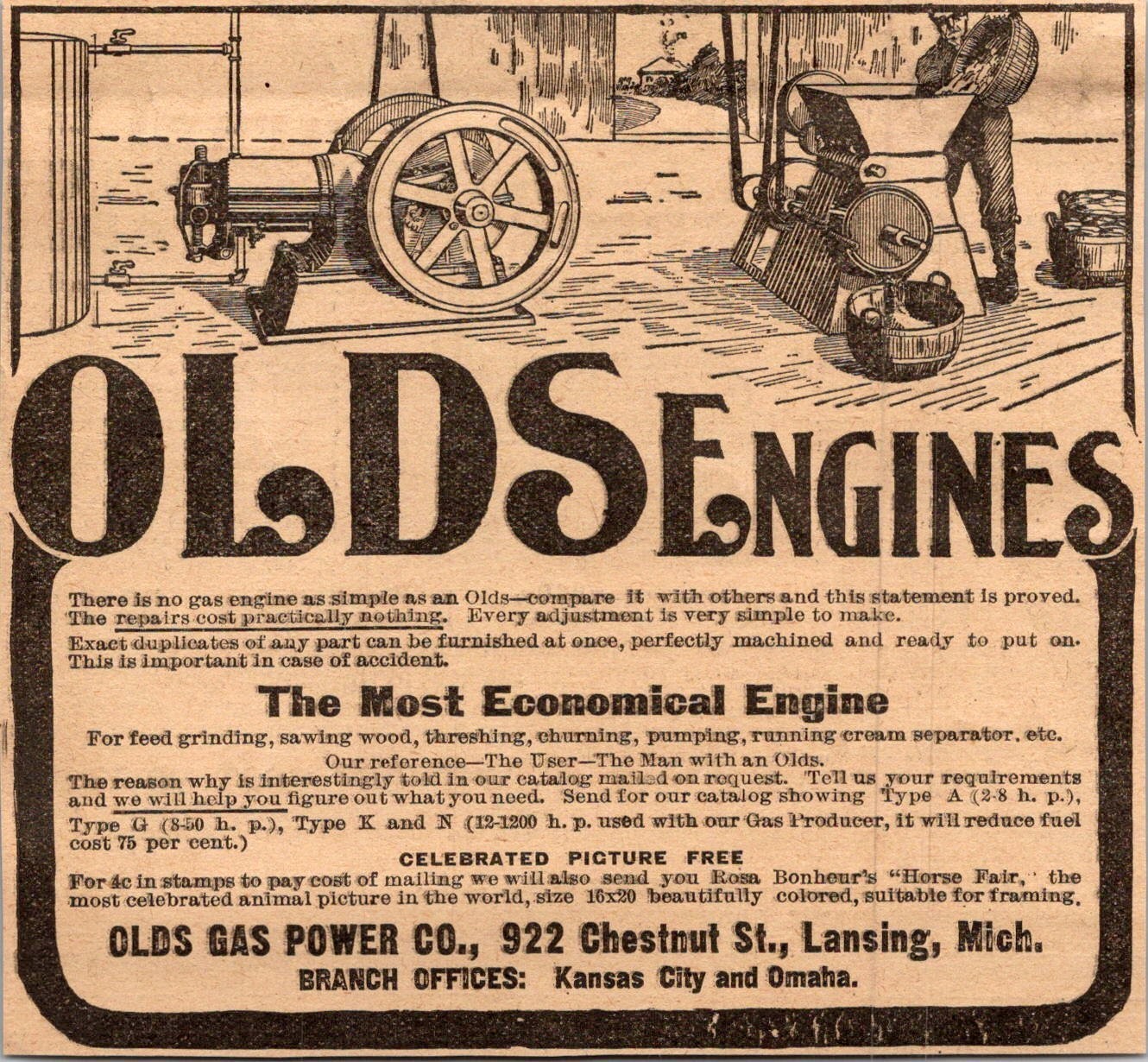 Olds Gas Power Co Olds Engines Chestnut Lansing MI 1906 Minneapolis Ad 5AL1-H2 Olds Gas Power Co Olds Engines Chestnut Lansing MI 1906 Minneapolis Ad 5AL1-H2