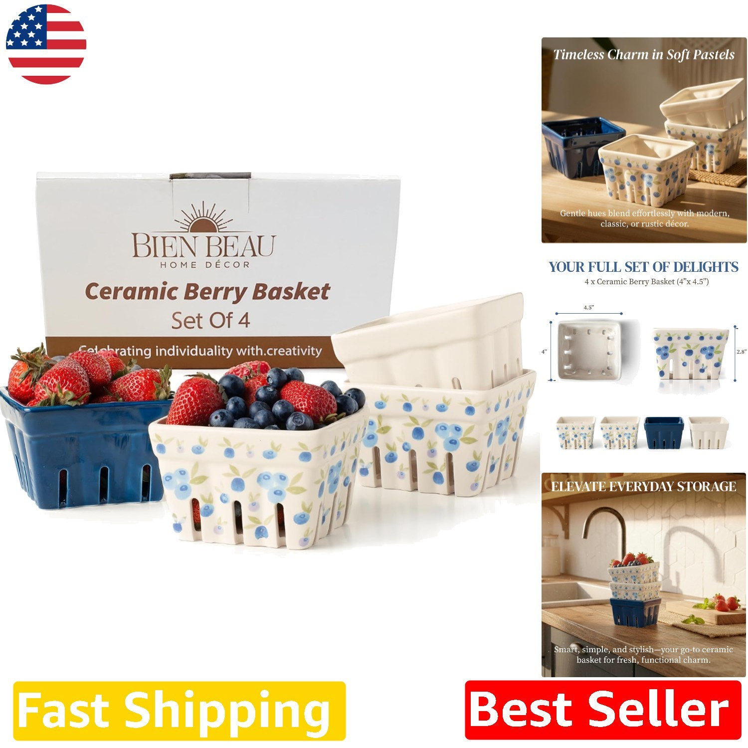 Durable Ceramic Berry Baskets 4pc, Blue White Blueberry Fruit Colanders Durable Ceramic Berry Baskets 4pc, Blue White Blueberry Fruit Colanders