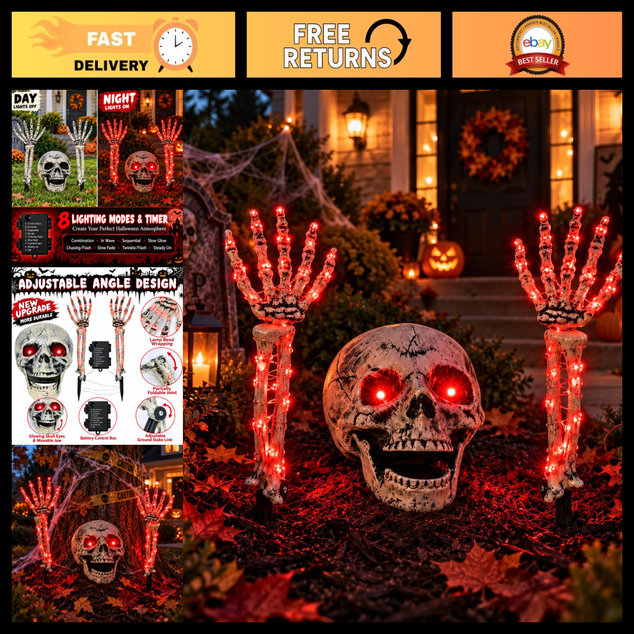 Light Up Halloween Skeleton Decorations - Skull Head & Hands Stake Lights, Red L Light Up Halloween Skeleton Decorations - Skull Head & Hands Stake Lights, Red L