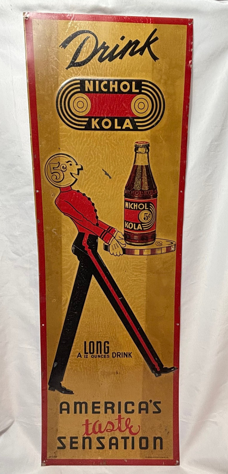 1936 Nichol Kola Tin Sign 5¢ Advertising Drink America's Taste Sensation A-129 1936 Nichol Kola Tin Sign 5¢ Advertising Drink America's Taste Sensation A-129