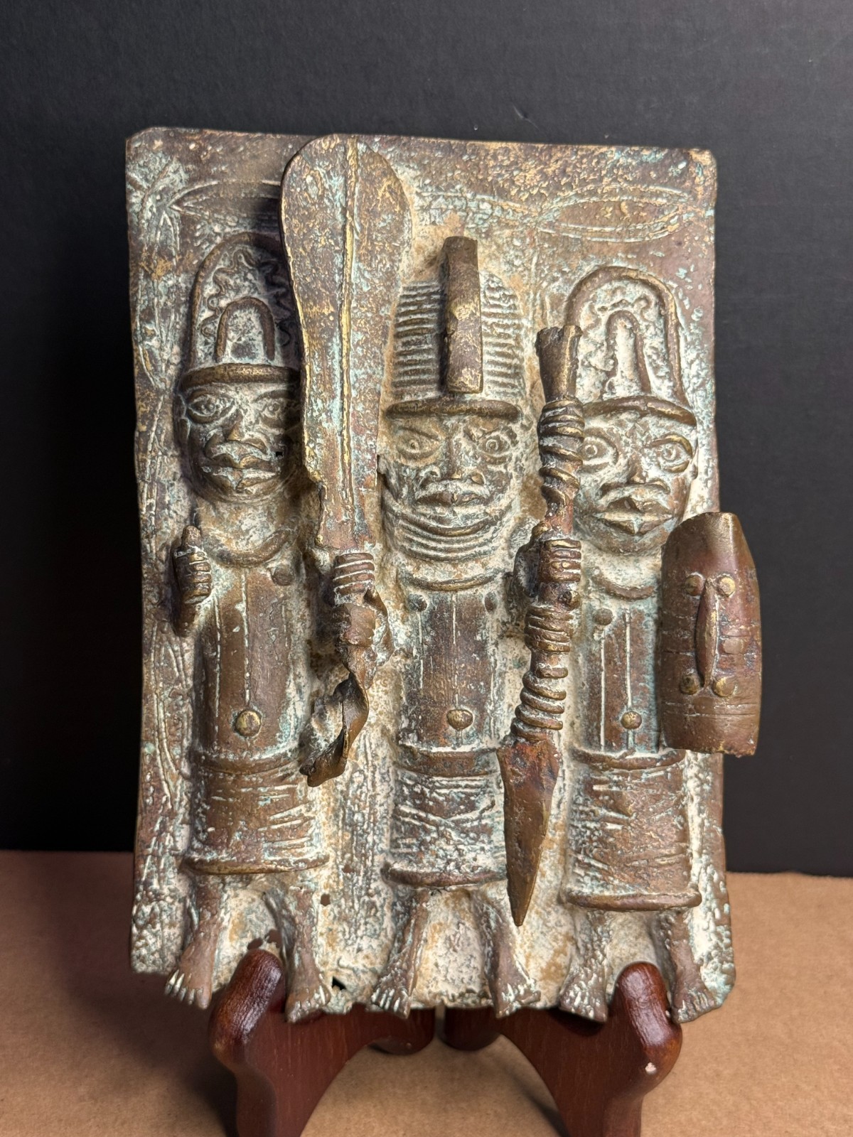 Benin Bronze Plaque 3 Royal Warriors Edo Nigeria African Tribal Art 8" Benin Bronze Plaque 3 Royal Warriors Edo Nigeria African Tribal Art 8"