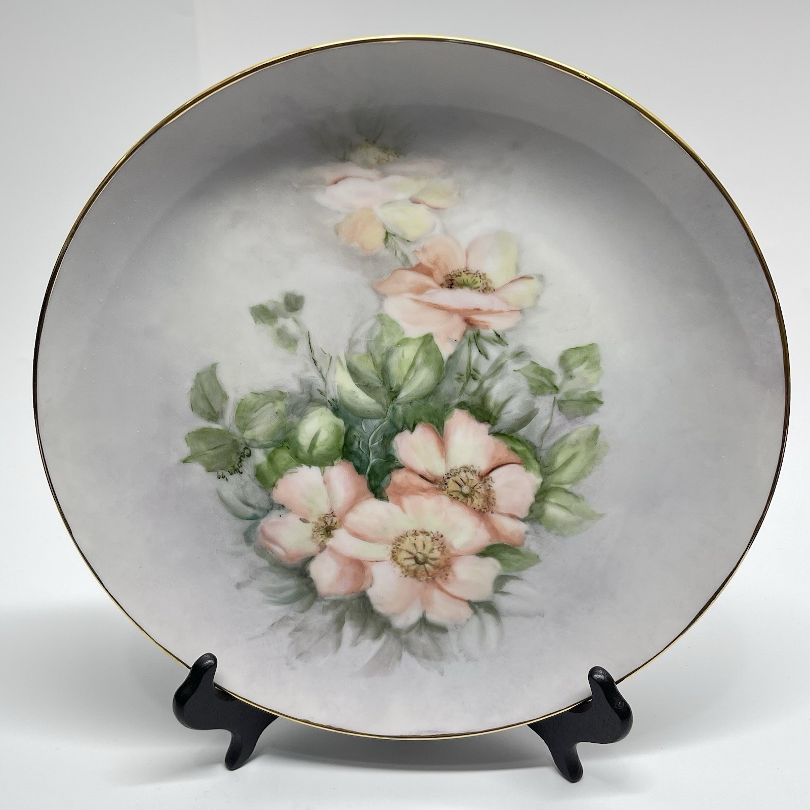 Vintage 1999 Hand Painted Pink Floral Plate Bavarian China Porcelain Signed Vintage 1999 Hand Painted Pink Floral Plate Bavarian China Porcelain Signed