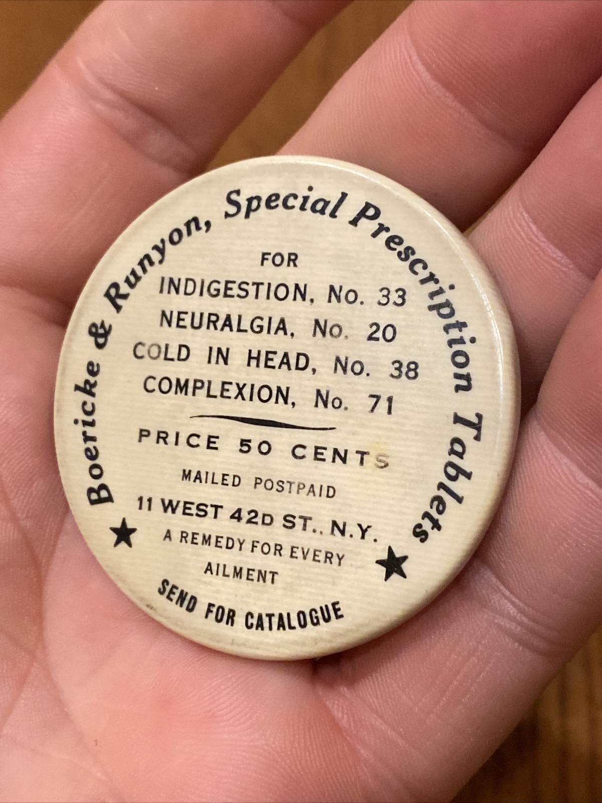 Antique Celluloid Button Mirror Advertising Boericke & Runyon NY Special Tablets Antique Celluloid Button Mirror Advertising Boericke & Runyon NY Special Tablets