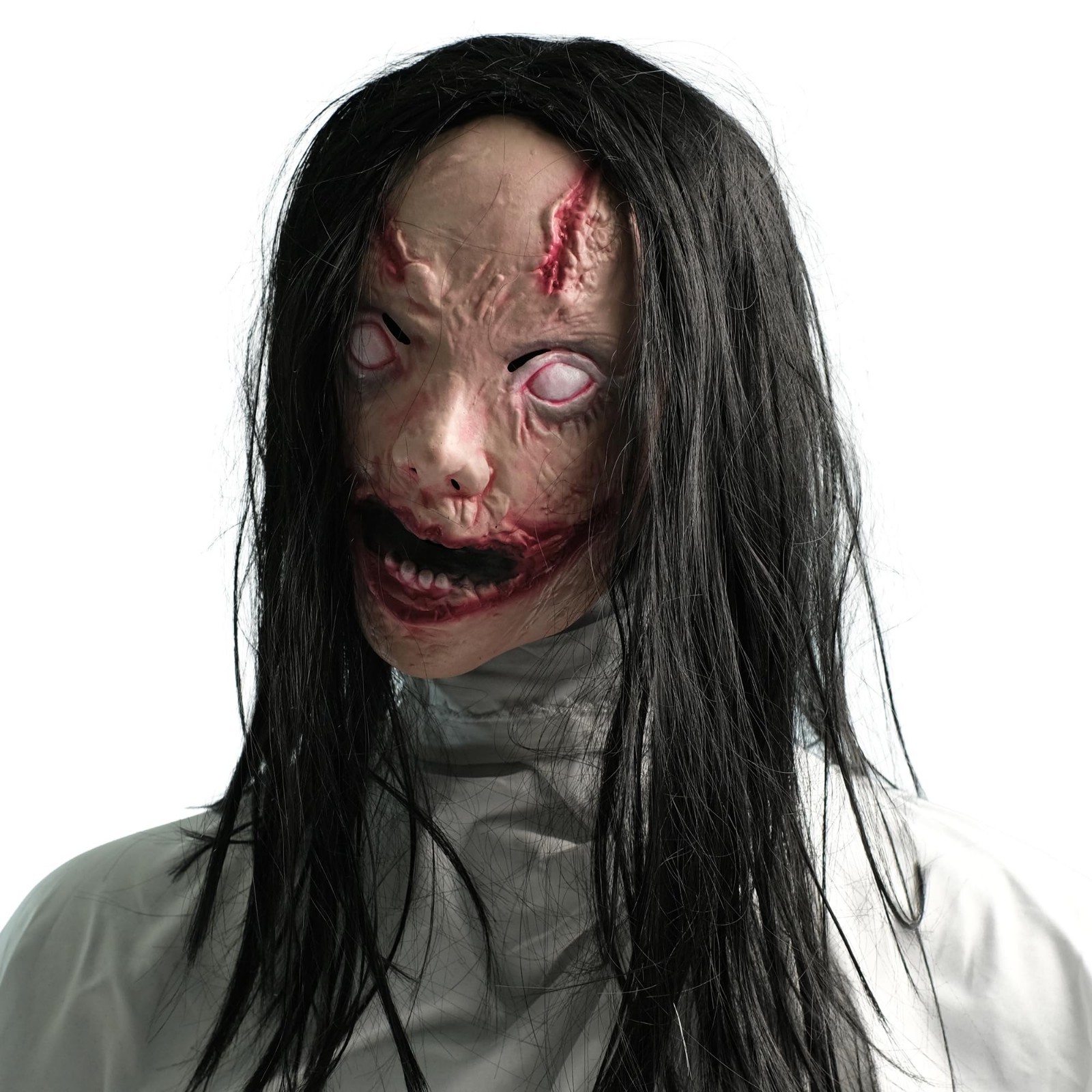 Slit-Mouthed Ghost Horror Mask with Wig - Scary Undead Costume Accessory