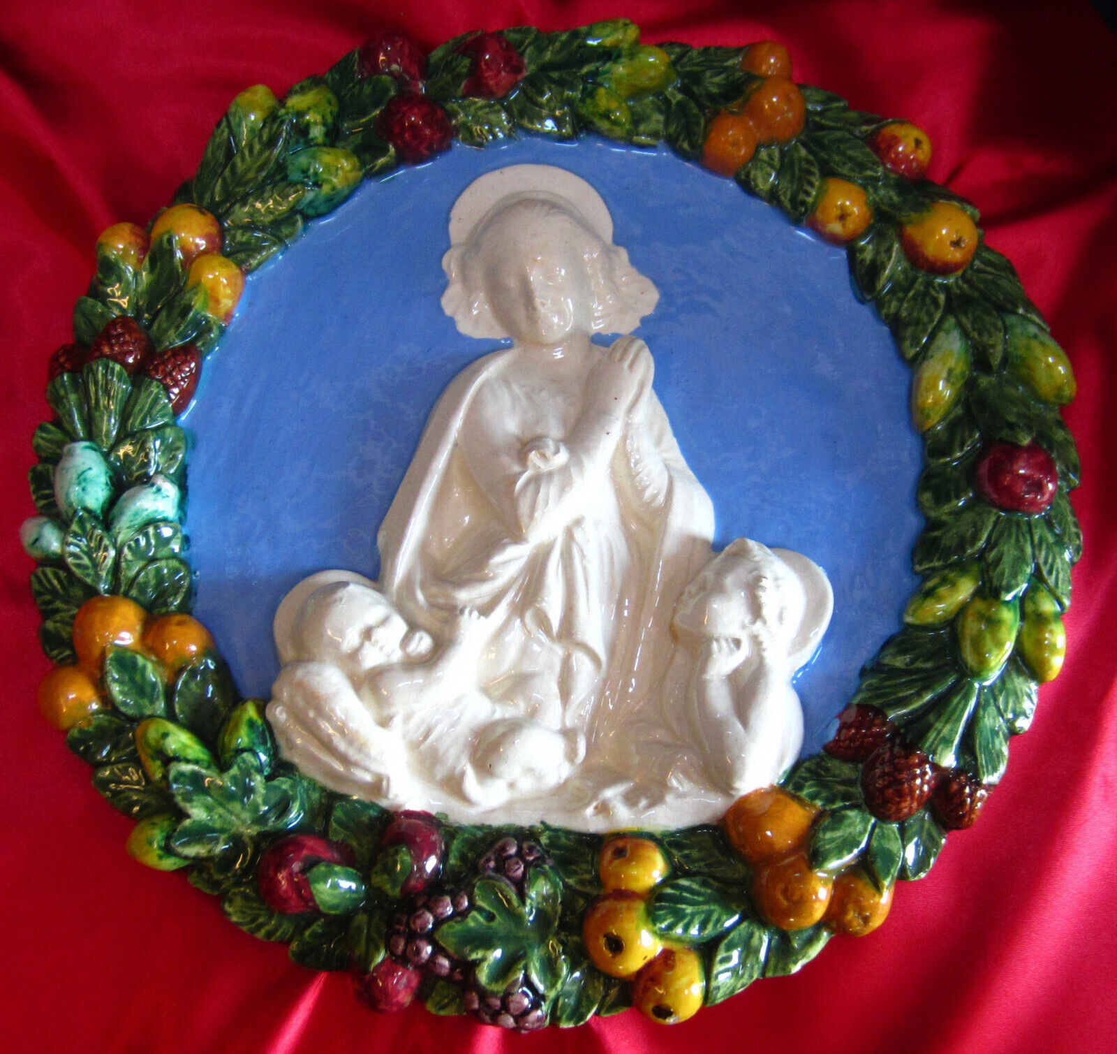 Vintage DELLA ROBBIA MARY JESUS Wall Plaque MAJOLICA MADONNA INFANT JESUS Italy