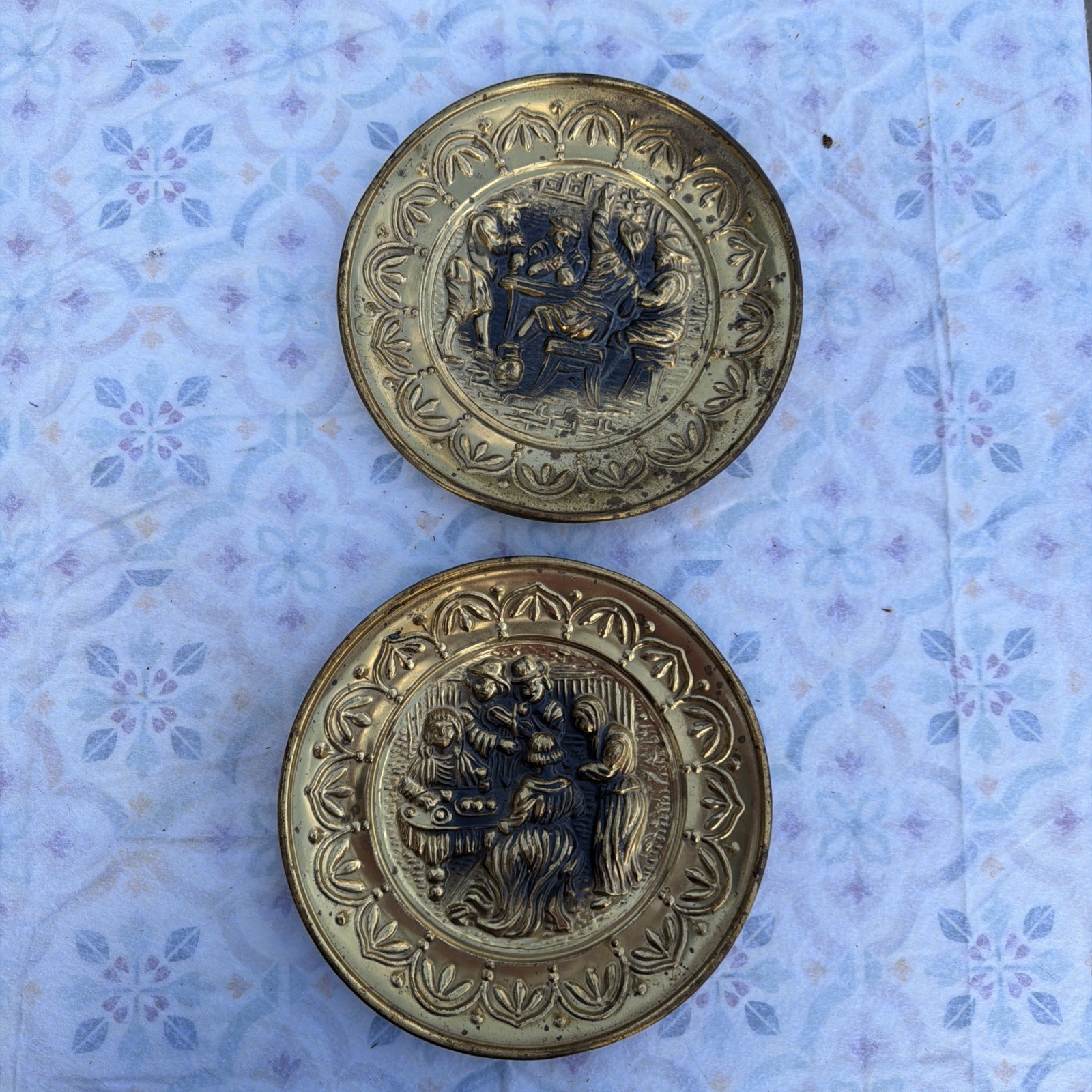 Vintage pair of embossed, brass religious wall plaques, beautiful details