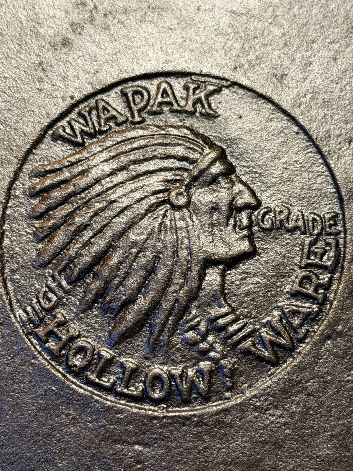 WAPAK Indian Head No 3 Hollow Ware Cast Iron Skillet w Heat Ring Some Pitting WAPAK Indian Head No 3 Hollow Ware Cast Iron Skillet w Heat Ring Some Pitting