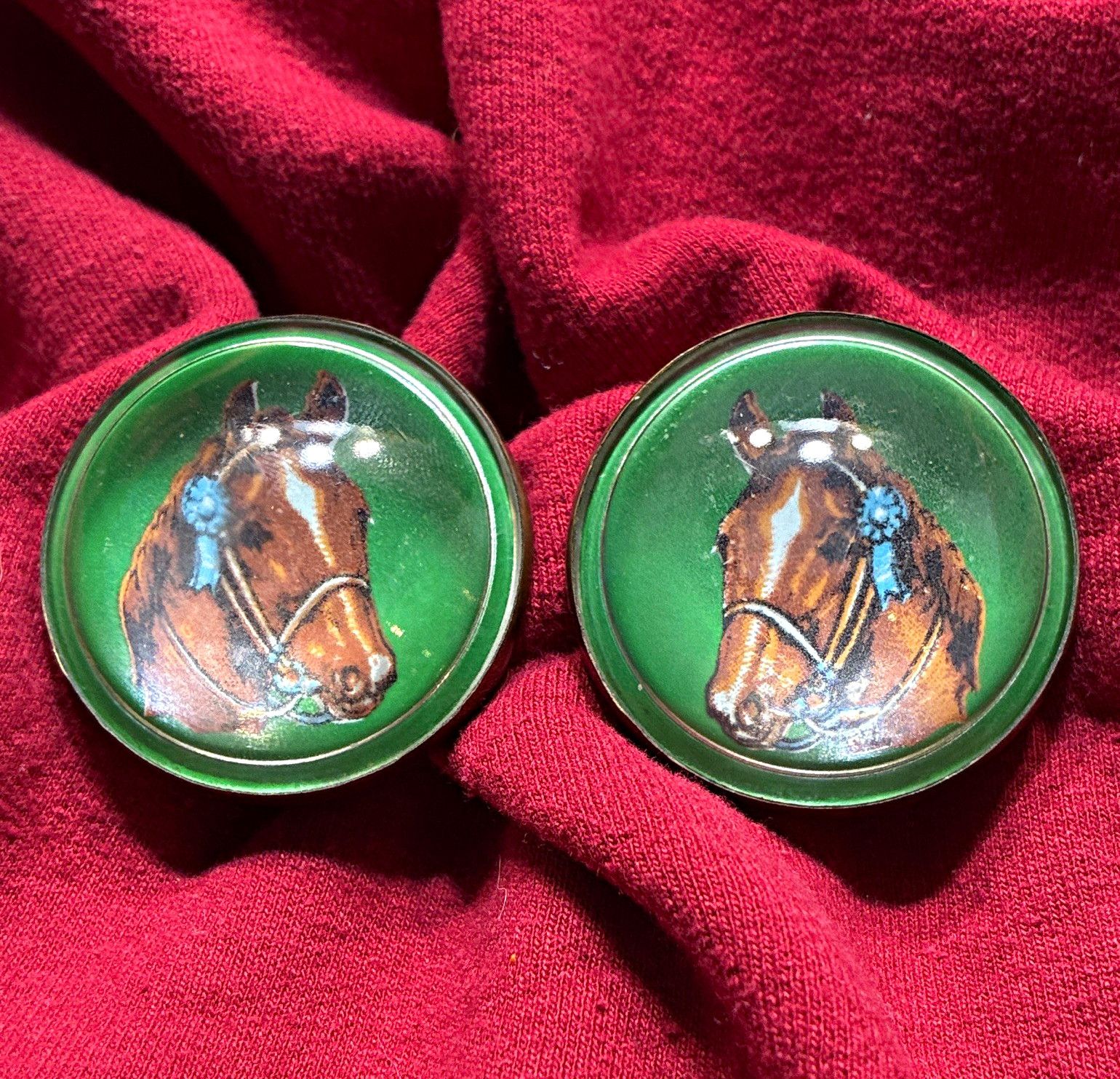Vintage Horse Bridle Glass Rosettes Harness Blue Ribbon Hand Painted Late 1800s