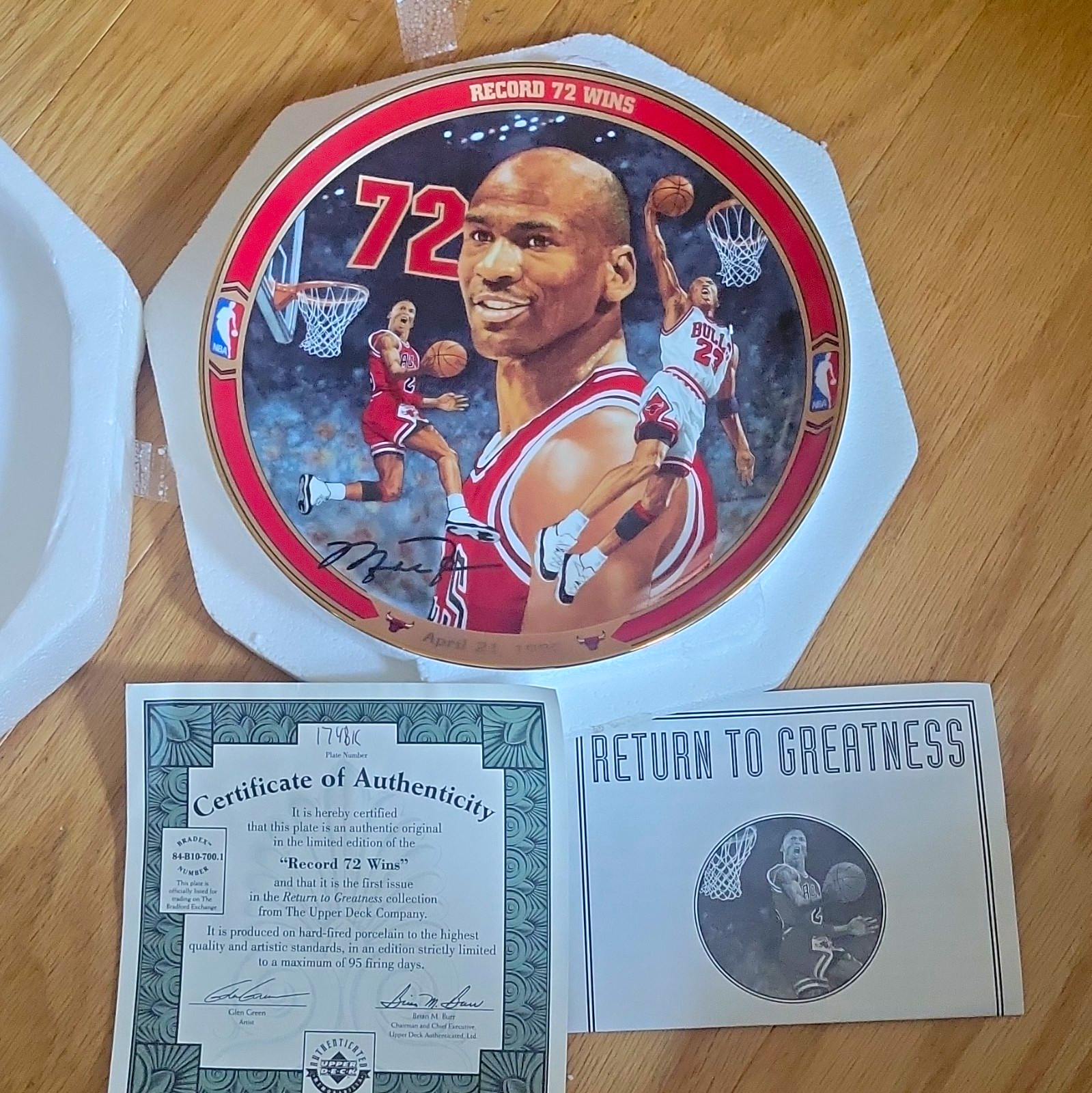 Upper Deck Return to Greatness Michael Jordan Record 72 Wins Plate LE COA 8.5"