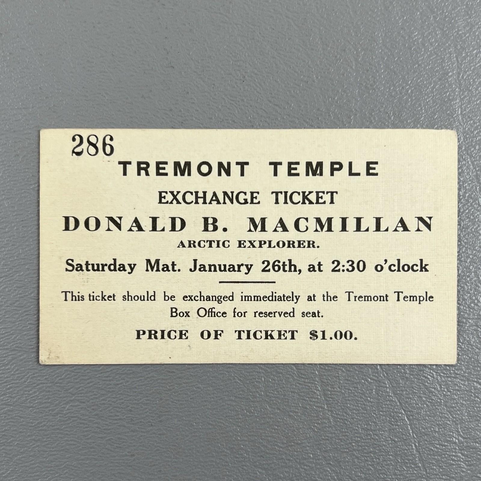 Vintage Tremont Temple Exchange Ticket Donald B MacMillan Arctic Explorer Vintage Tremont Temple Exchange Ticket Donald B MacMillan Arctic Explorer