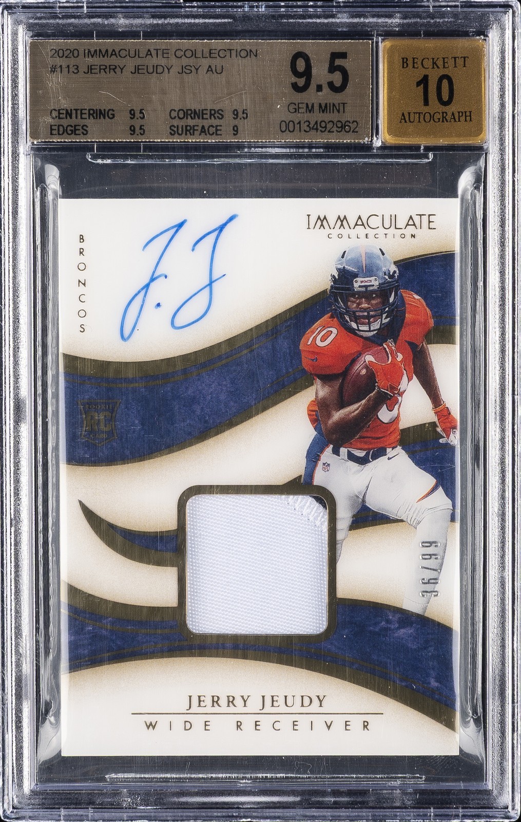 2020 IMMACULATE COLLECTION JERSEY AUTO /99 RC #113 JERRY JEUDY BGS 9.5 2020 IMMACULATE COLLECTION JERSEY AUTO /99 RC #113 JERRY JEUDY BGS 9.5