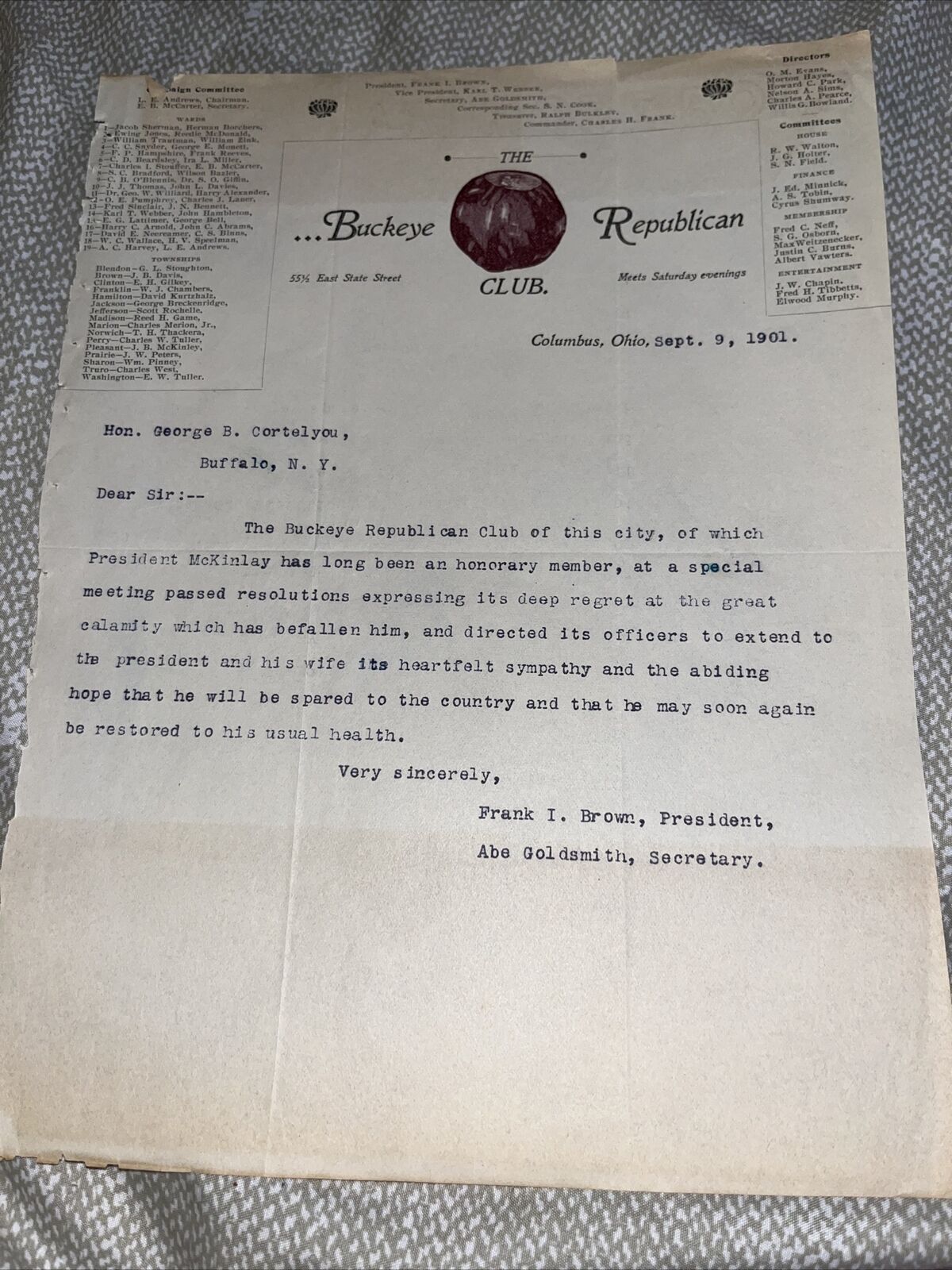 Antique The Buckeye Republican Club Ohio Letter President McKinley Assassination