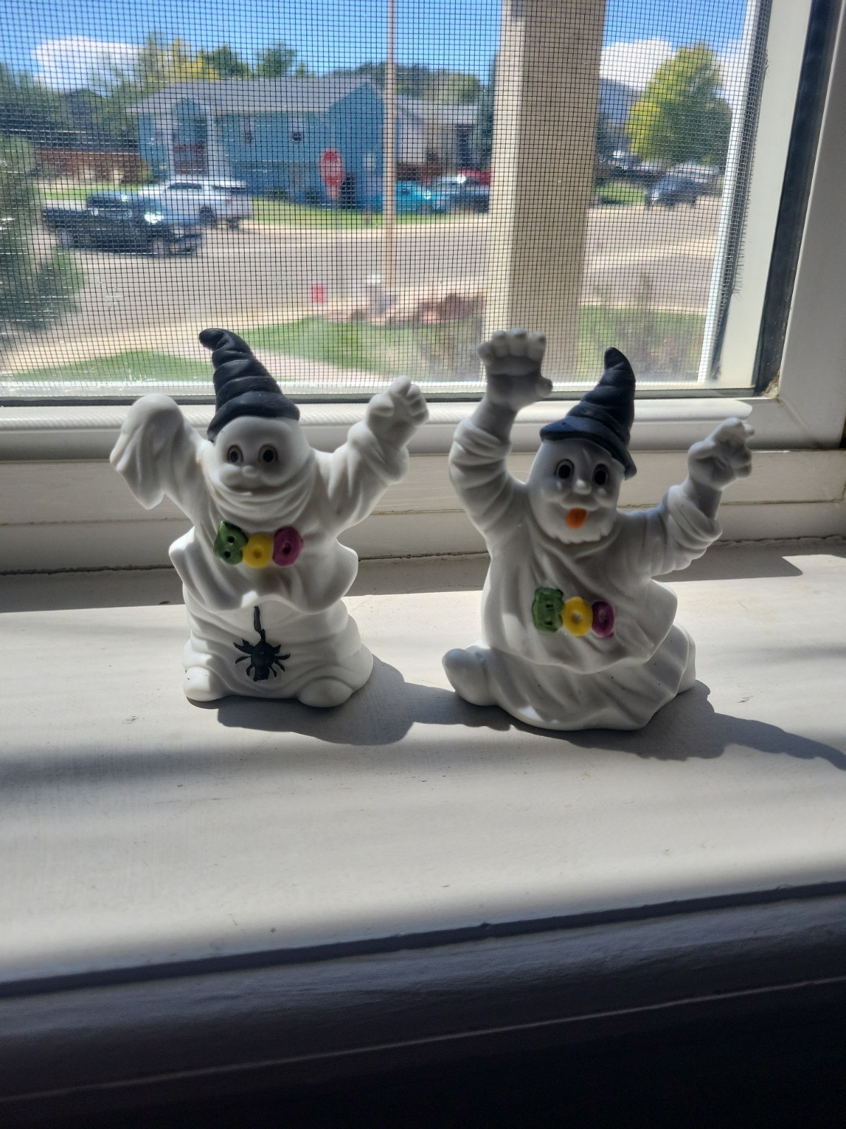 Two 1980's Ghosts Porcelain Halloween Figurines With Boo And A Spider Two 1980's Ghosts Porcelain Halloween Figurines With Boo And A Spider