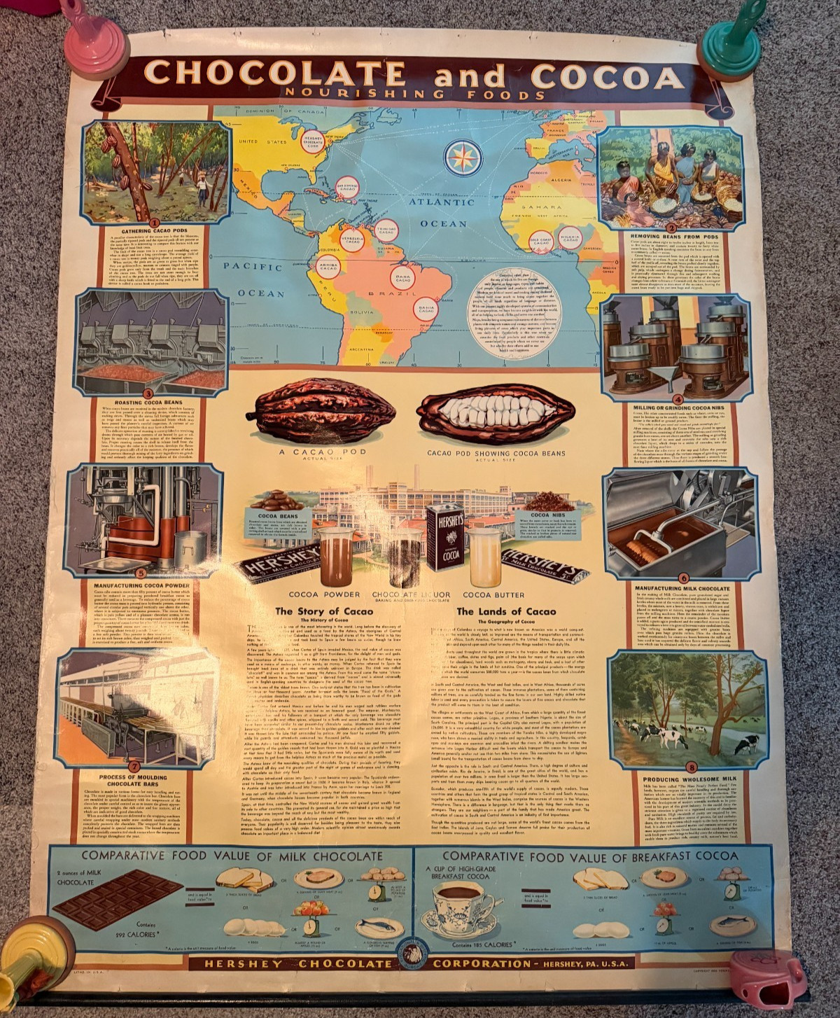 Vintage 1933 HERSHEY CHOCOLATE & COCOA Pull Down Classroom Wall Chart Map Poster Vintage 1933 HERSHEY CHOCOLATE & COCOA Pull Down Classroom Wall Chart Map Poster