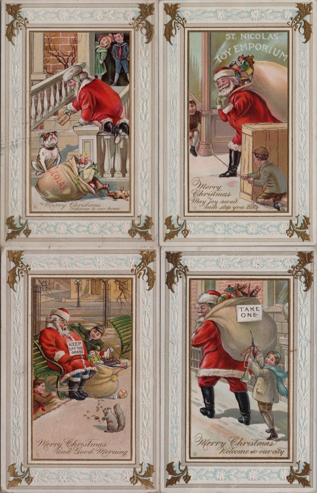 Rare~Set of 4~Santa Claus with Children~Dog~Pranks~c.1910~Christmas Postards Lot Rare~Set of 4~Santa Claus with Children~Dog~Pranks~c.1910~Christmas Postards Lot