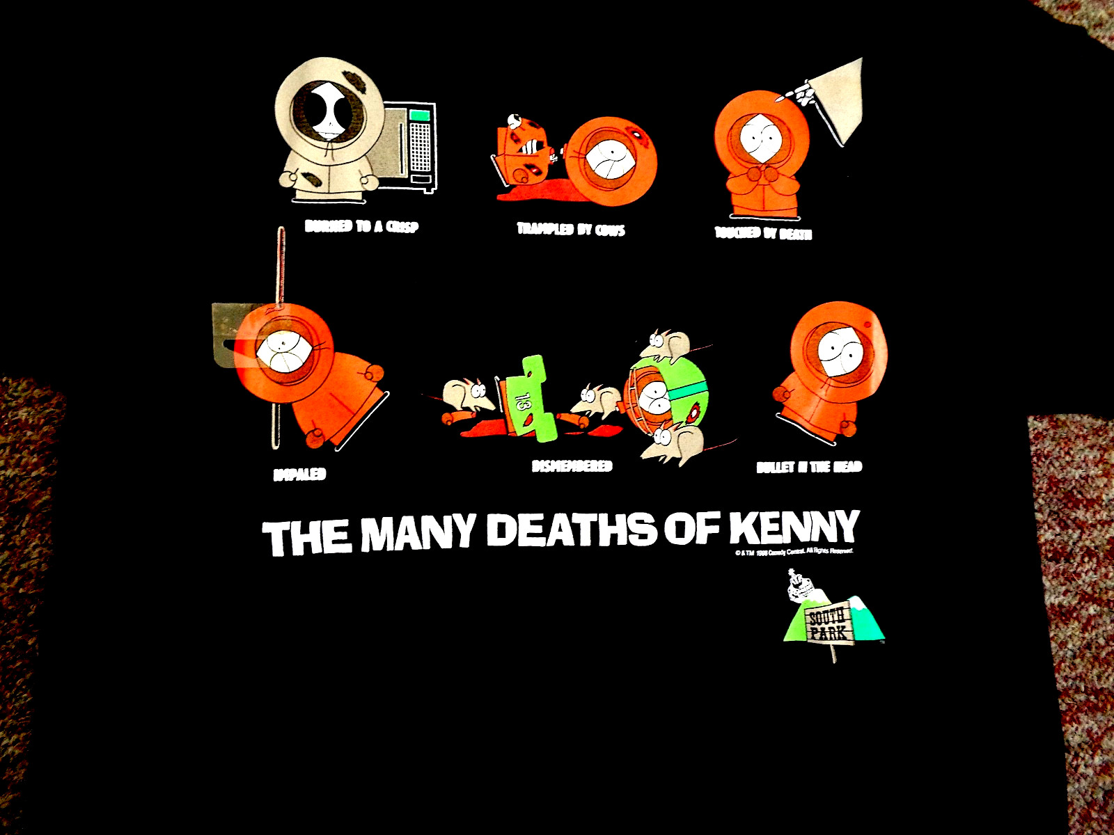 New 1998 Vintage South Park T-Shirt "The Many Deaths of Kenny" - Black size XL New 1998 Vintage South Park T-Shirt "The Many Deaths of Kenny" - Black size XL