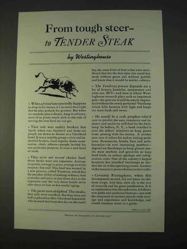1940 Westinghouse Ad - Tough Steer to Tender Steak 1940 Westinghouse Ad - Tough Steer to Tender Steak