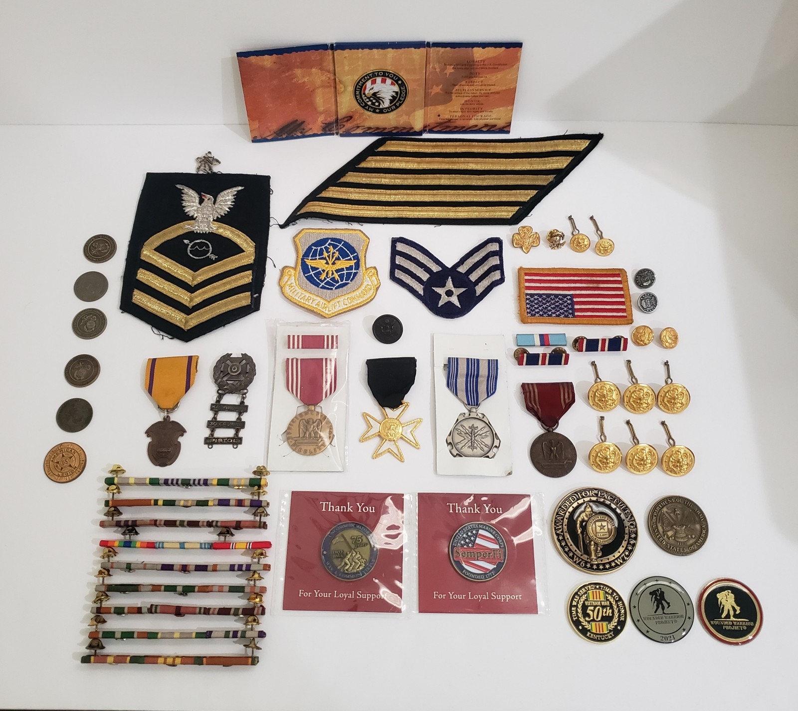 Vtg Mixed Lot Military Medals, Pins, Buttons Patches Ribbon Bars Challenge Coins Vtg Mixed Lot Military Medals, Pins, Buttons Patches Ribbon Bars Challenge Coins