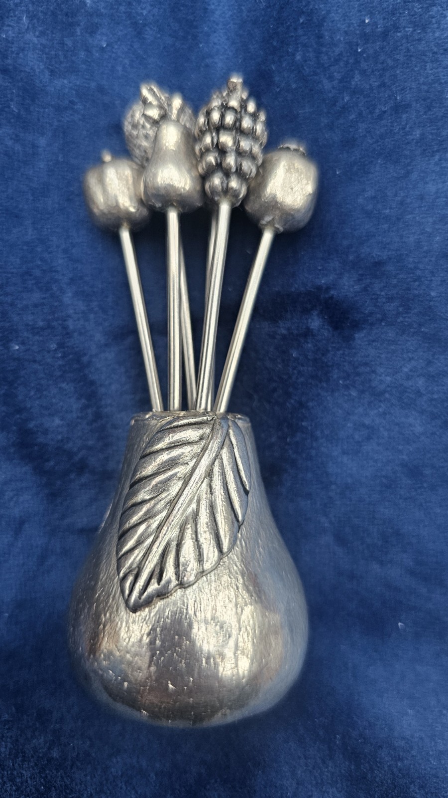 Vintage Mid-Century Spanish Silver Plated / Pewter Cocktail Pick Set Fruit tops Vintage Mid-Century Spanish Silver Plated / Pewter Cocktail Pick Set Fruit tops