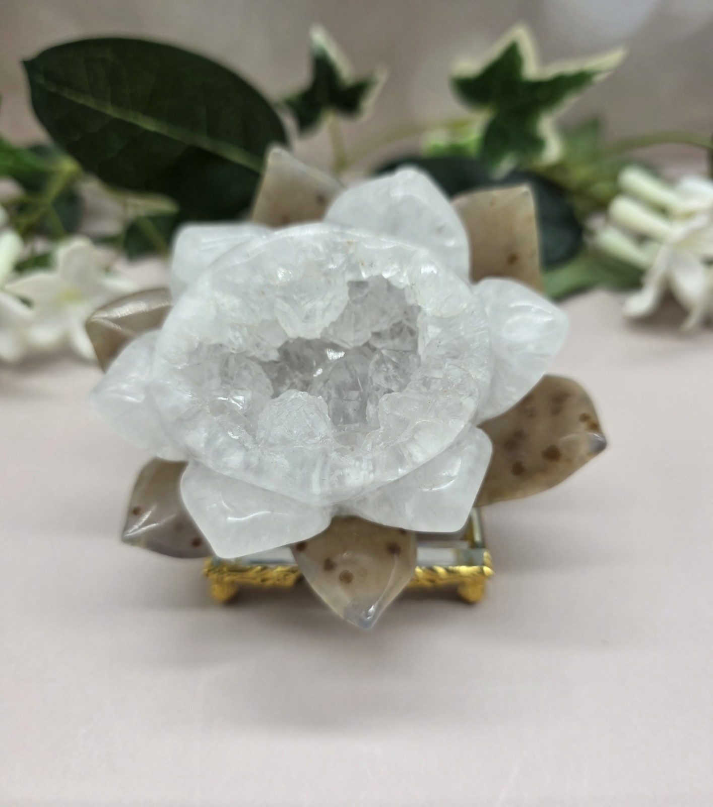 Druzy Agate Lotus Flower Quartz Crystal Geode Carving w Glass Display Stand