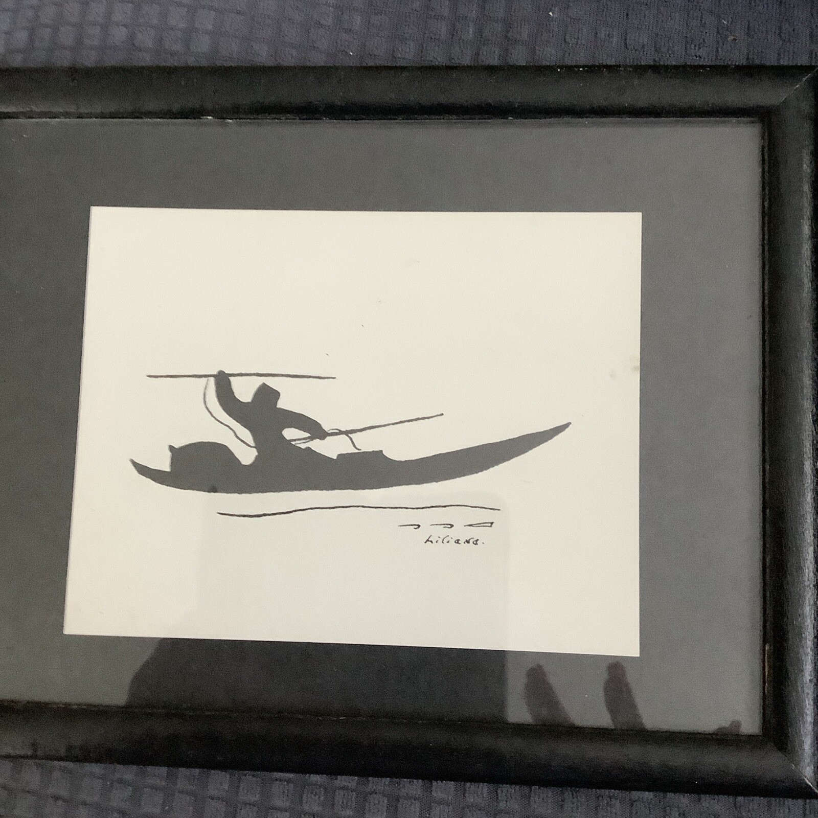 Liliane Black Ink Block Inuit Spear Fishing Signed Art Work Liliane Black Ink Block Inuit Spear Fishing Signed Art Work